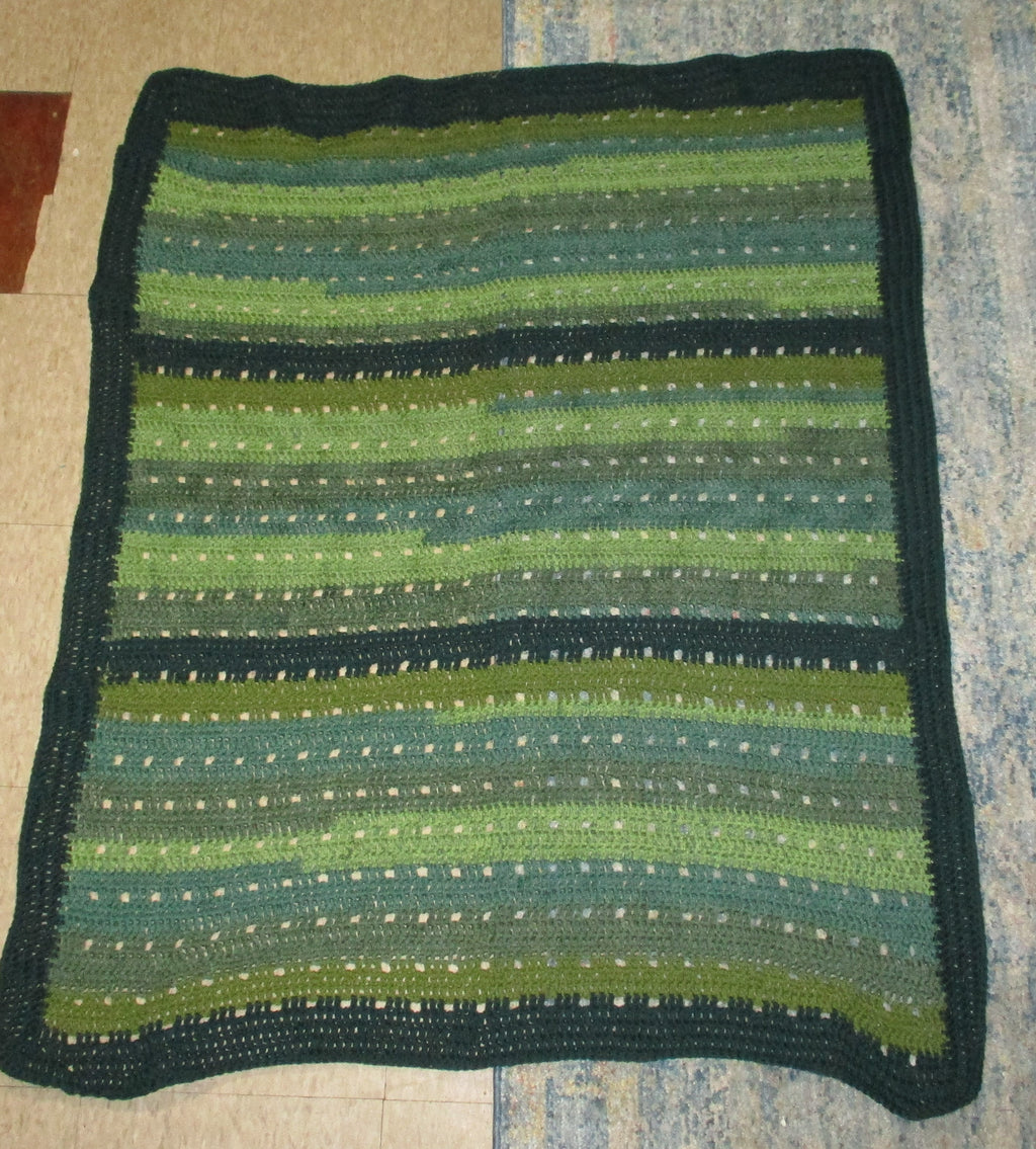 Hand Crocheted One-of-a-kind Blanket Afghan Green Twin Toddler Lap