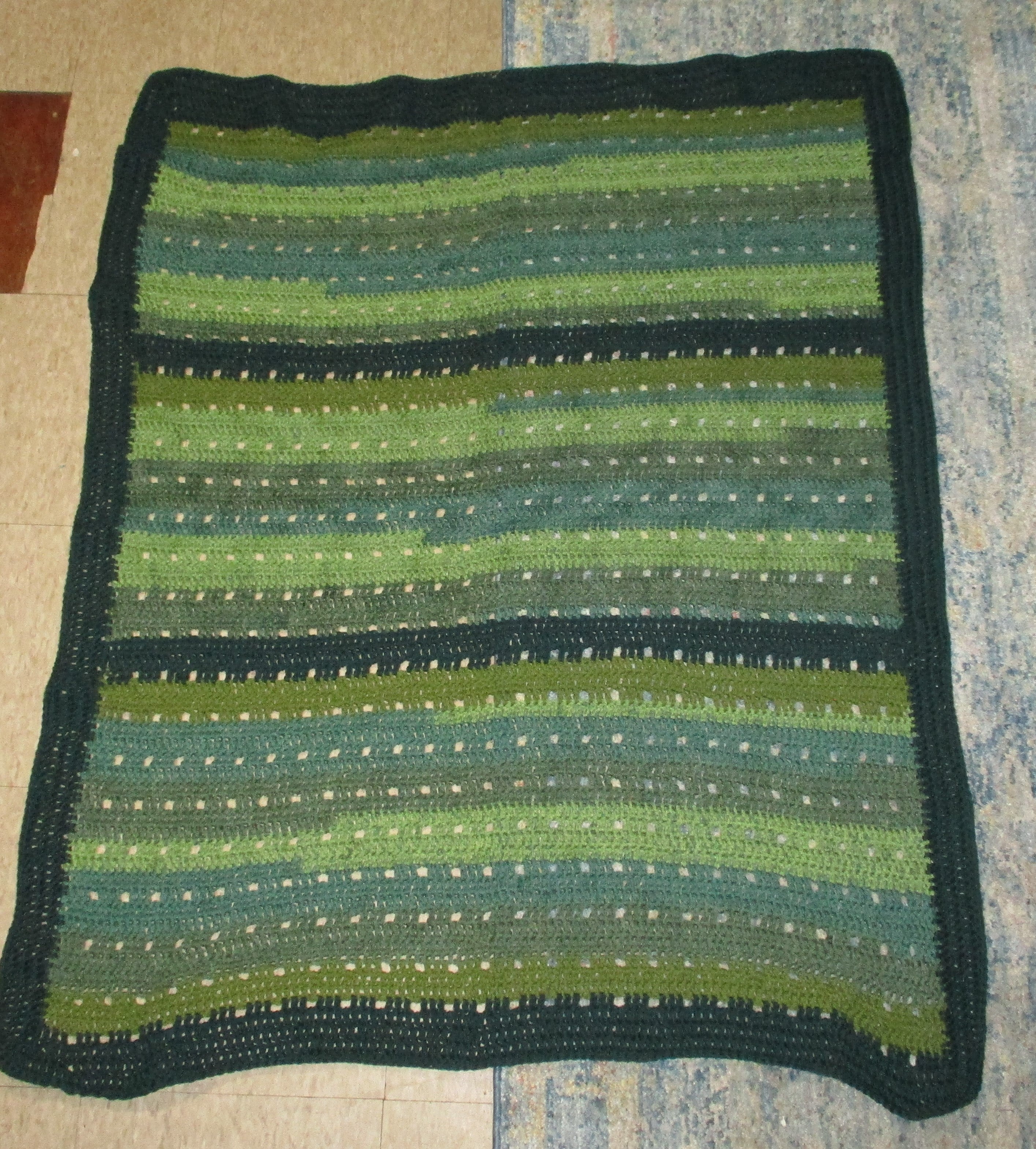Hand Crocheted One-of-a-kind Blanket Afghan Green Twin Toddler Lap