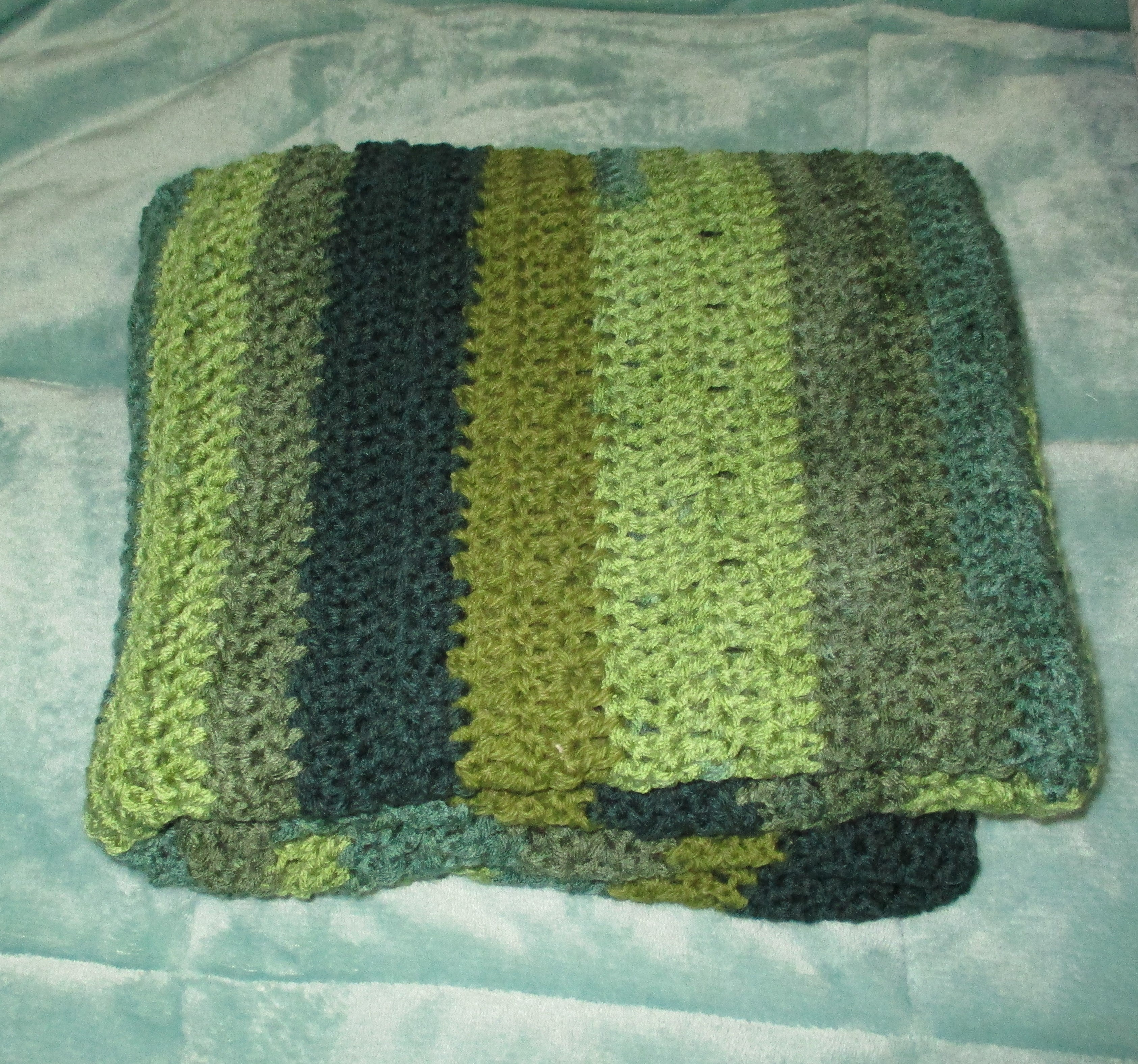 Hand Crocheted One-of-a-kind Blanket Afghan Green Twin Toddler Lap