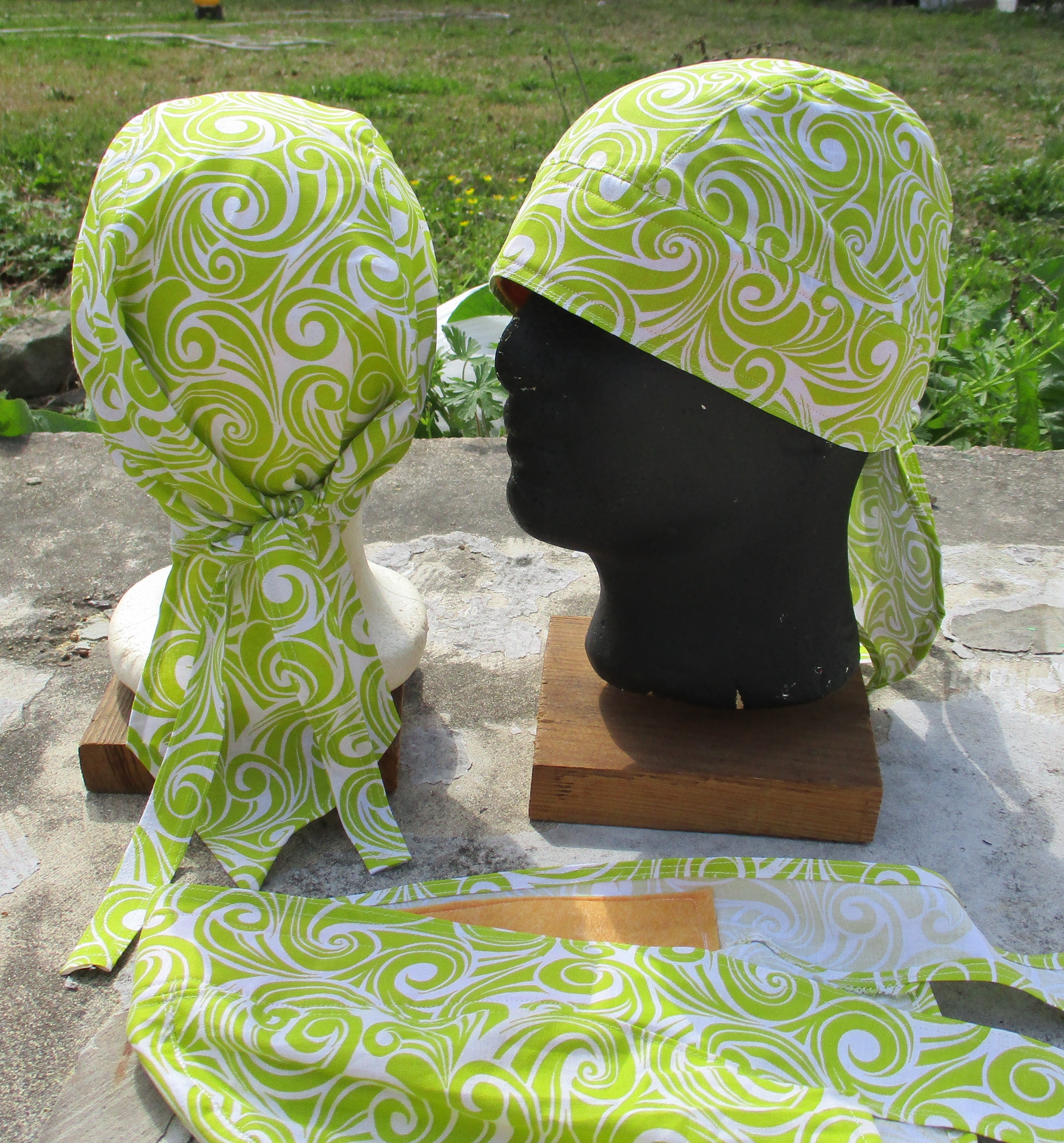 Do-Rag Bandanna with Sweatband Lime Green and White swirls