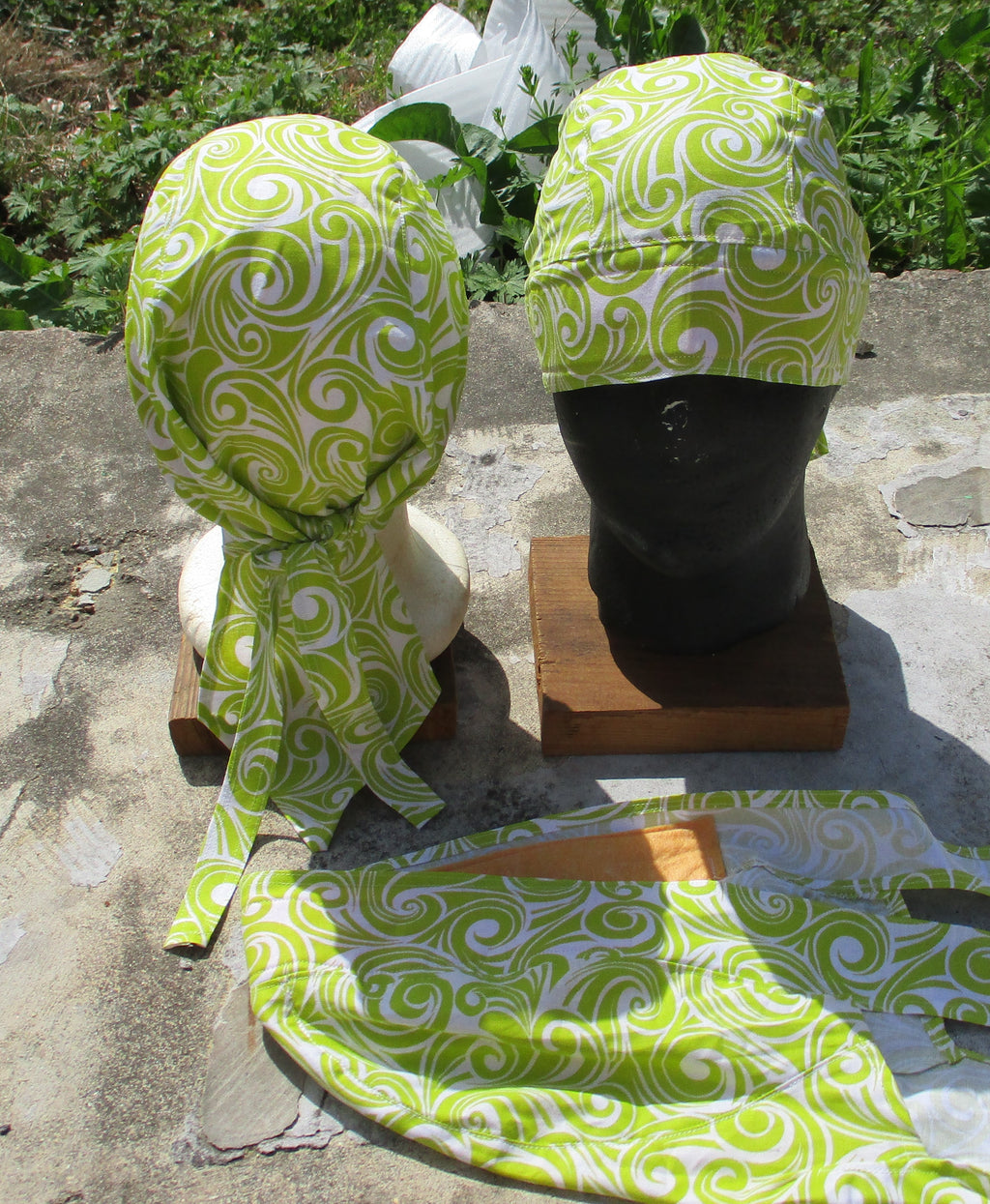 Do-Rag Bandanna with Sweatband Lime Green and White swirls