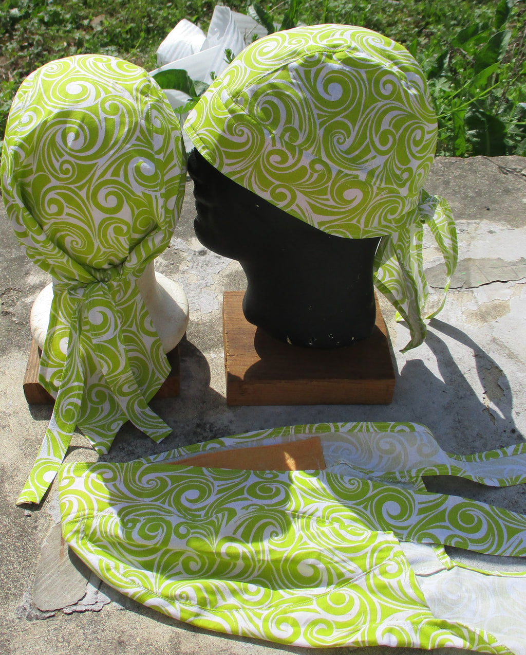 Do-Rag Bandanna with Sweatband Lime Green and White swirls