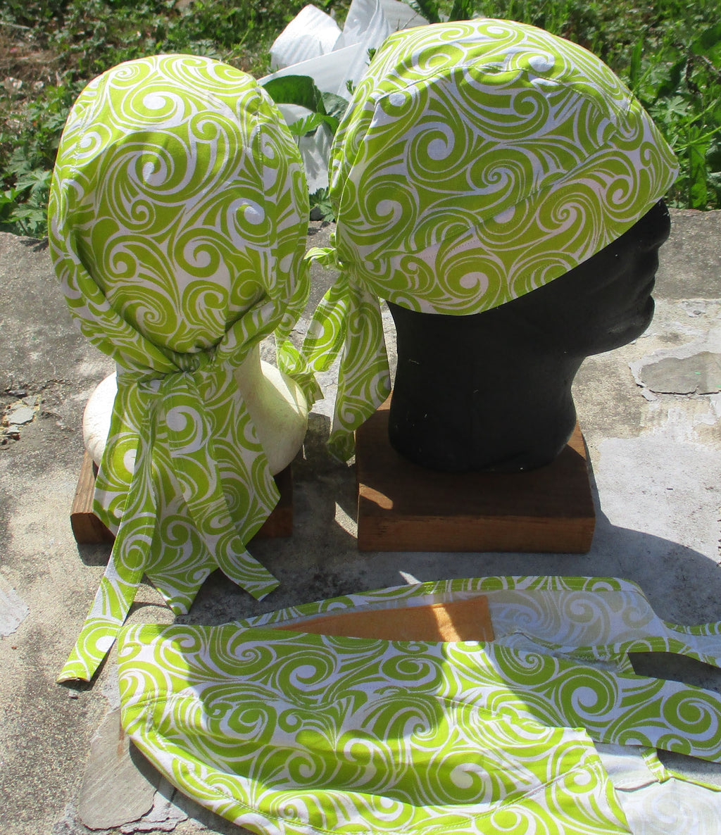 Do-Rag Bandanna with Sweatband Lime Green and White swirls
