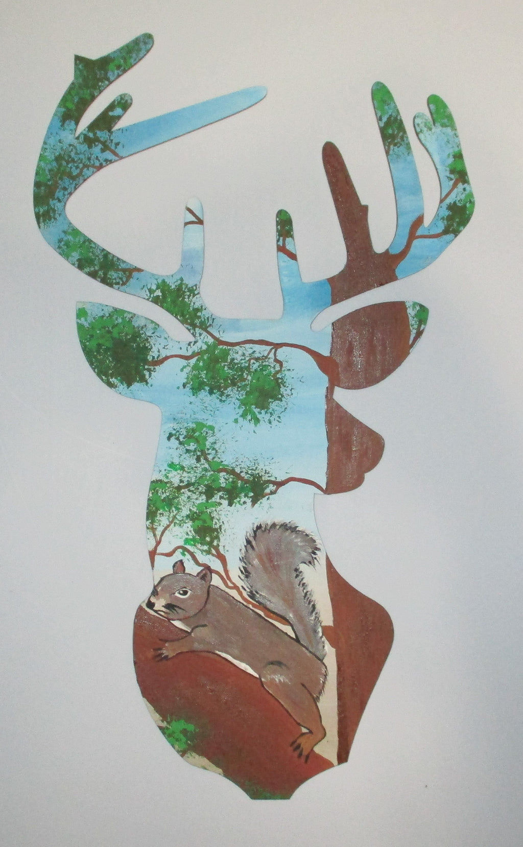 Wooden buck deer painted squirrels in tree 12 inches tall art original in acrylics 2PC