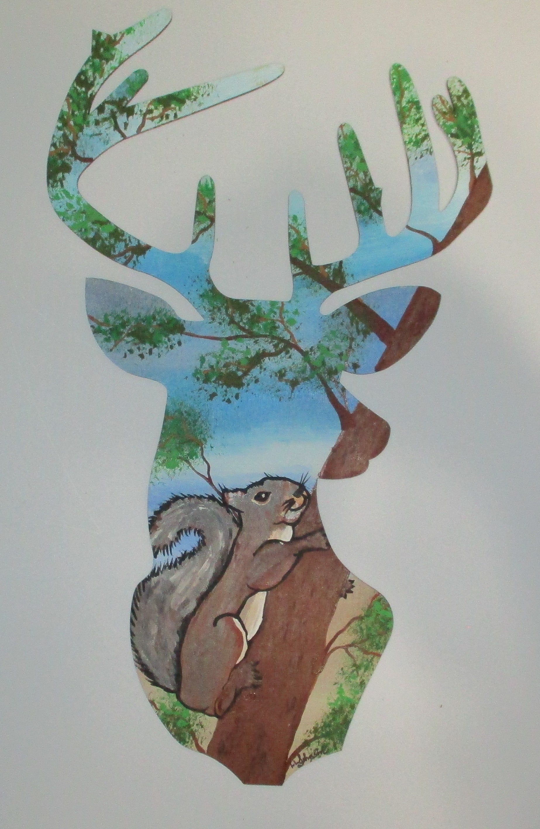 Wooden buck deer painted squirrels in tree 12 inches tall art original in acrylics 2PC