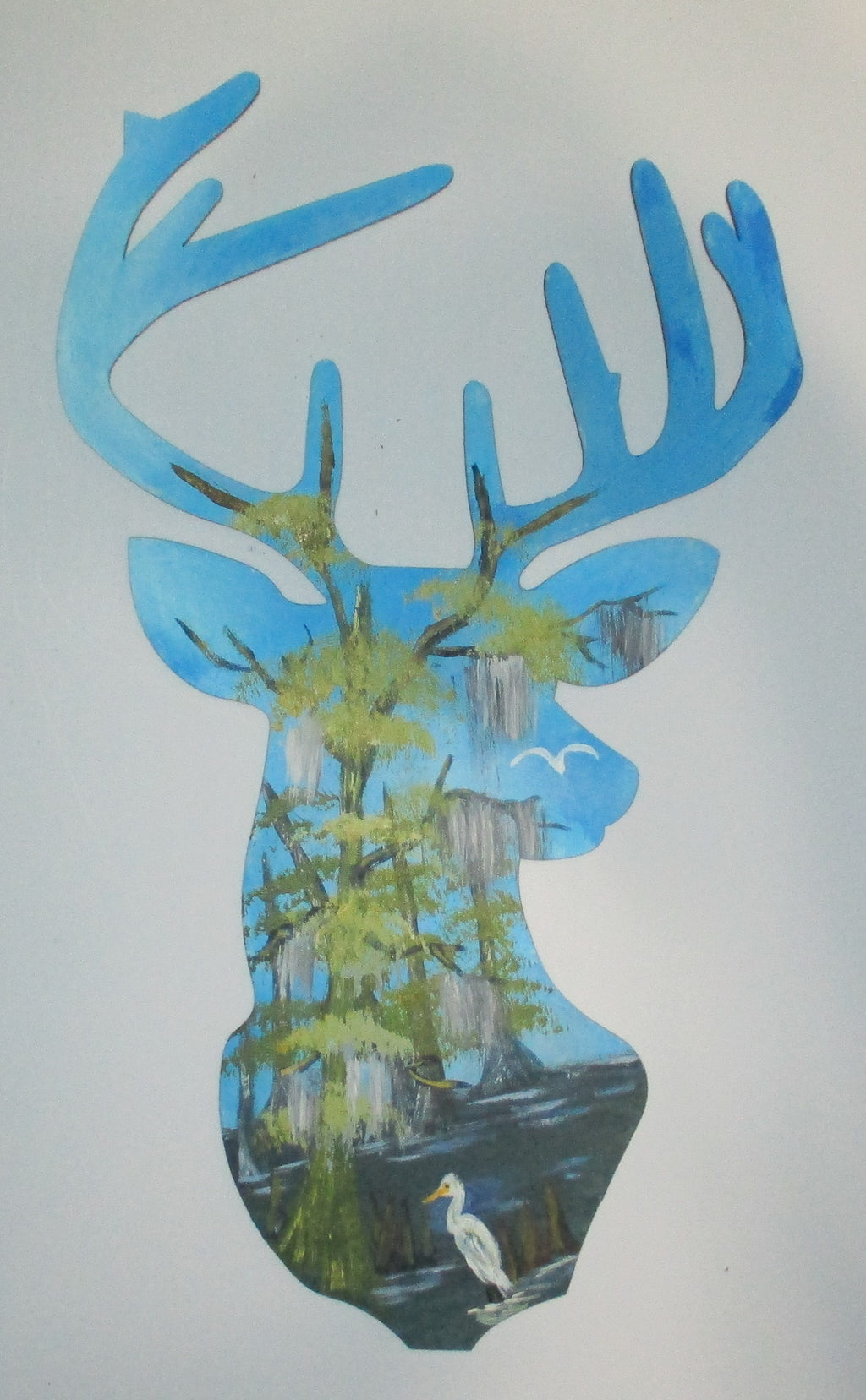 Wooden buck deer painted swamp scene 12 inches tall art original in acrylics