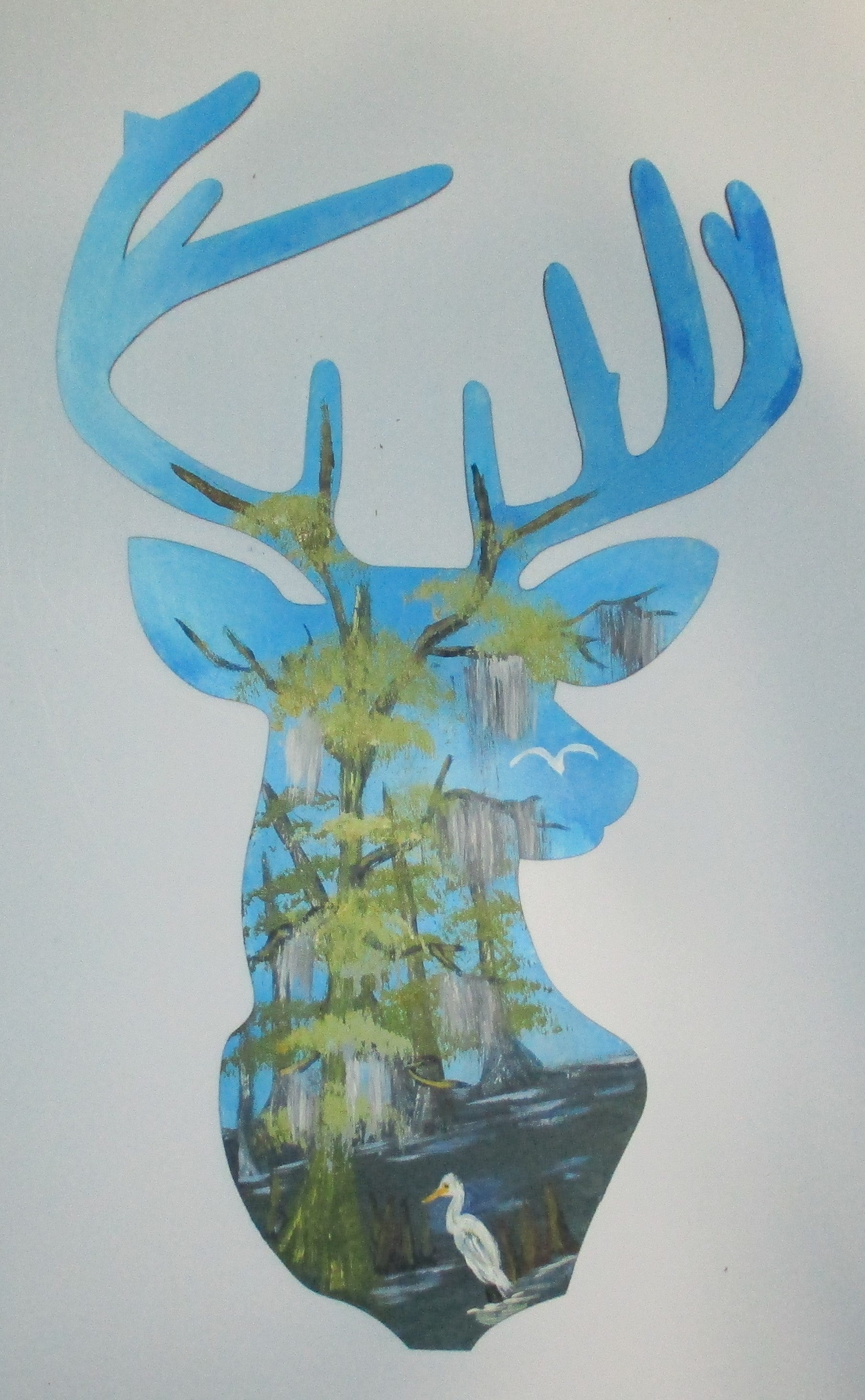 Wooden buck deer painted swamp scene 12 inches tall art original in acrylics