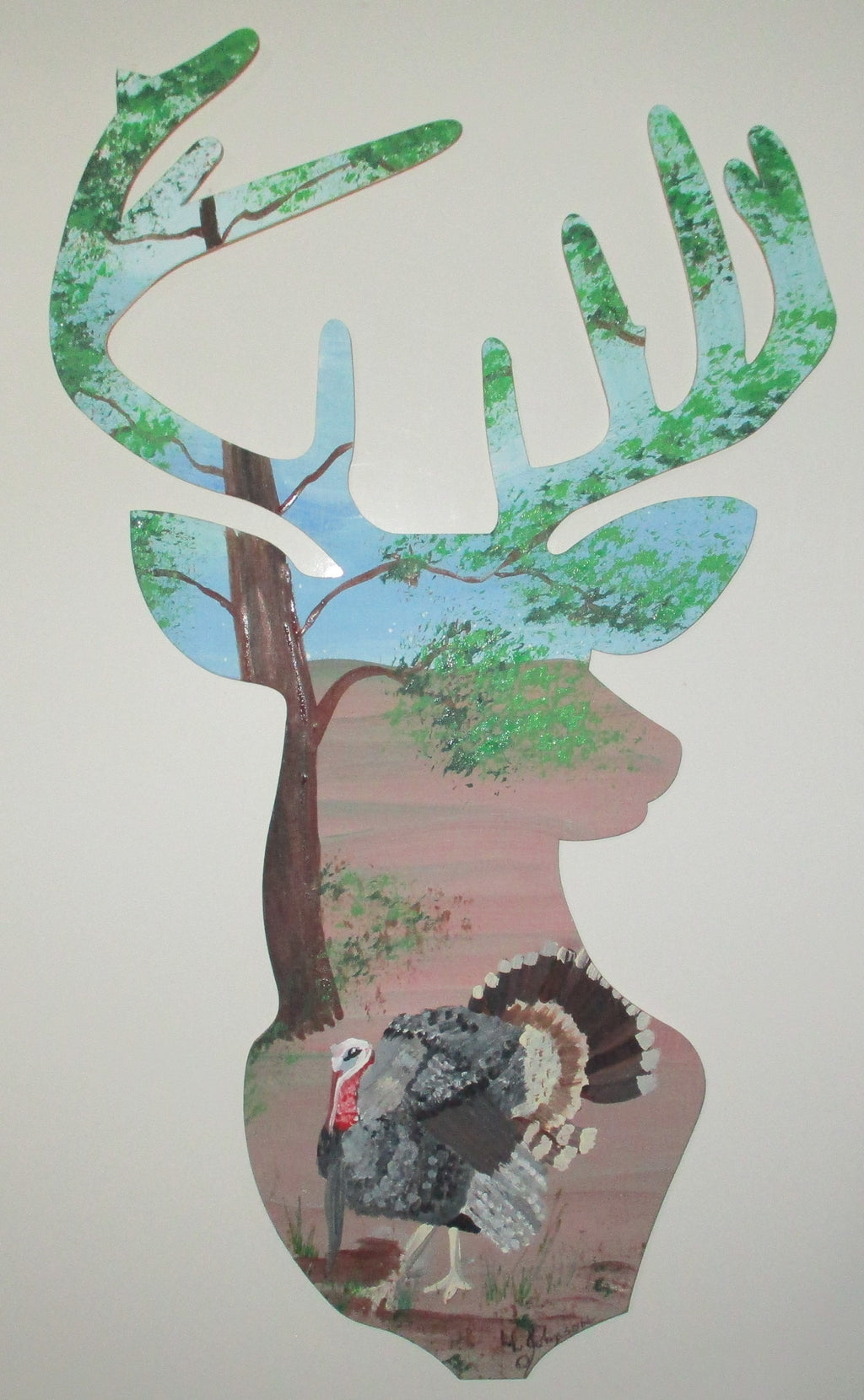 Wooden Deer Head painted turkey gobbler in woods art