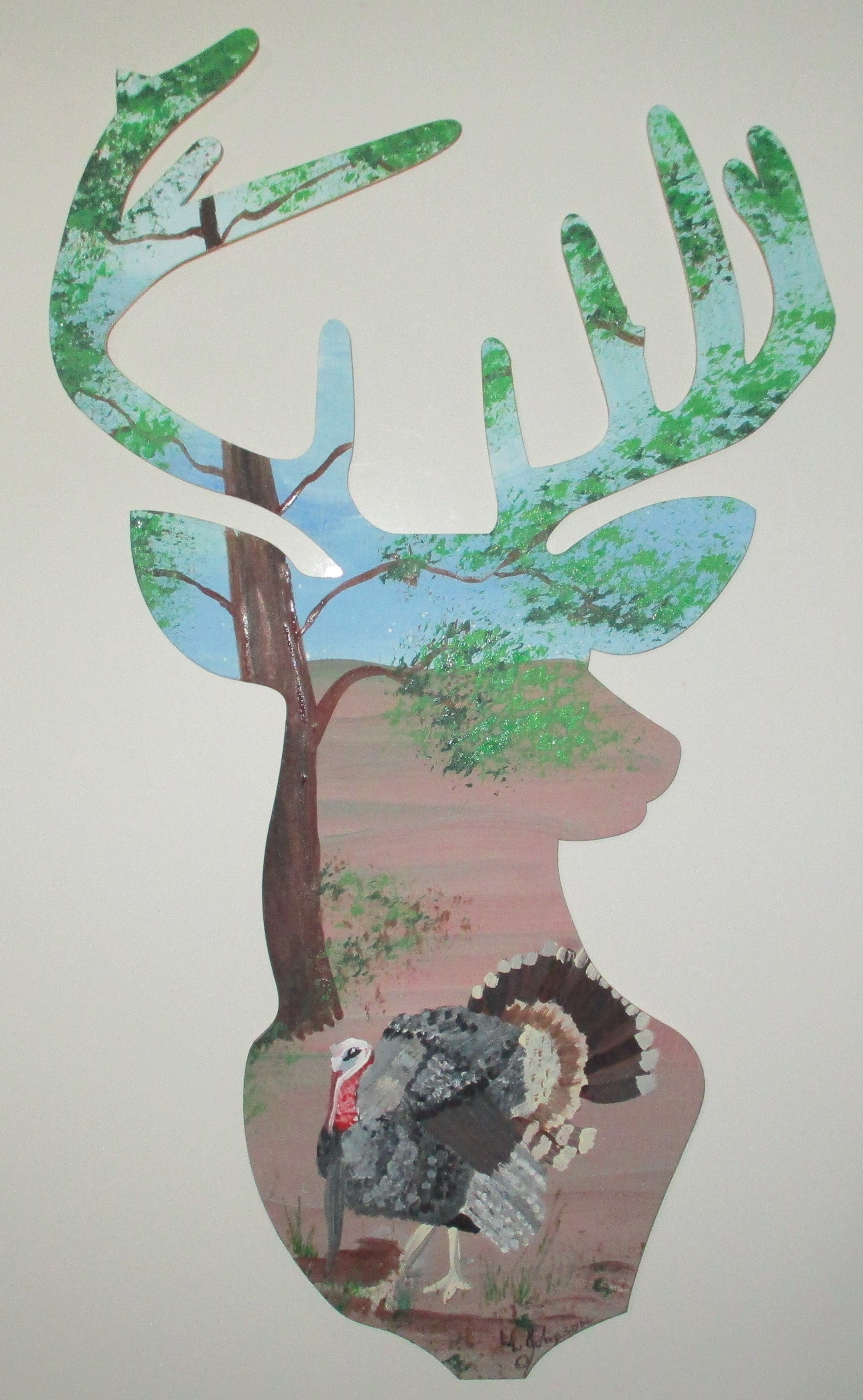 Wooden Deer Head painted turkey gobbler in woods art
