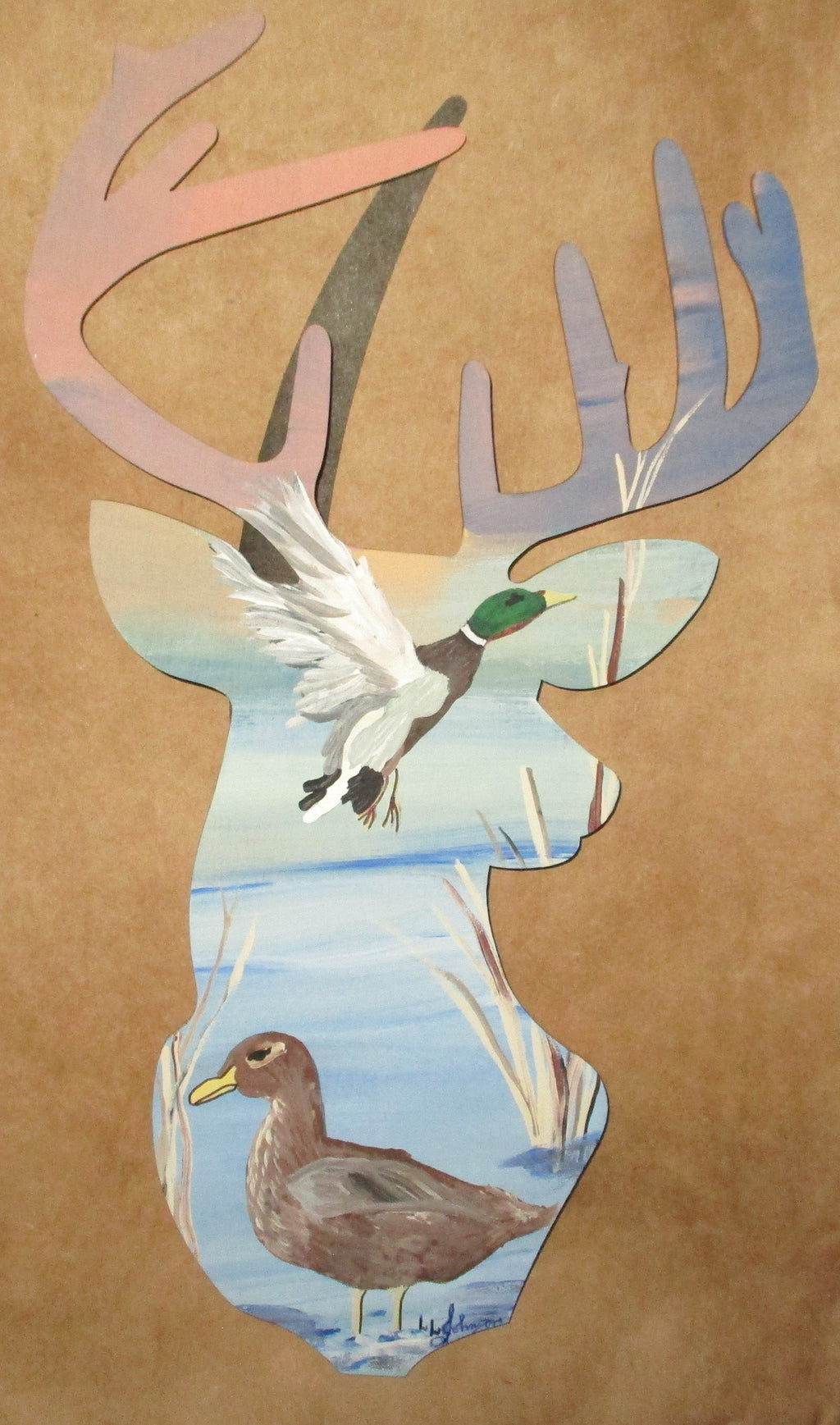 Wooden Deer Head painted male female ducks in pond art