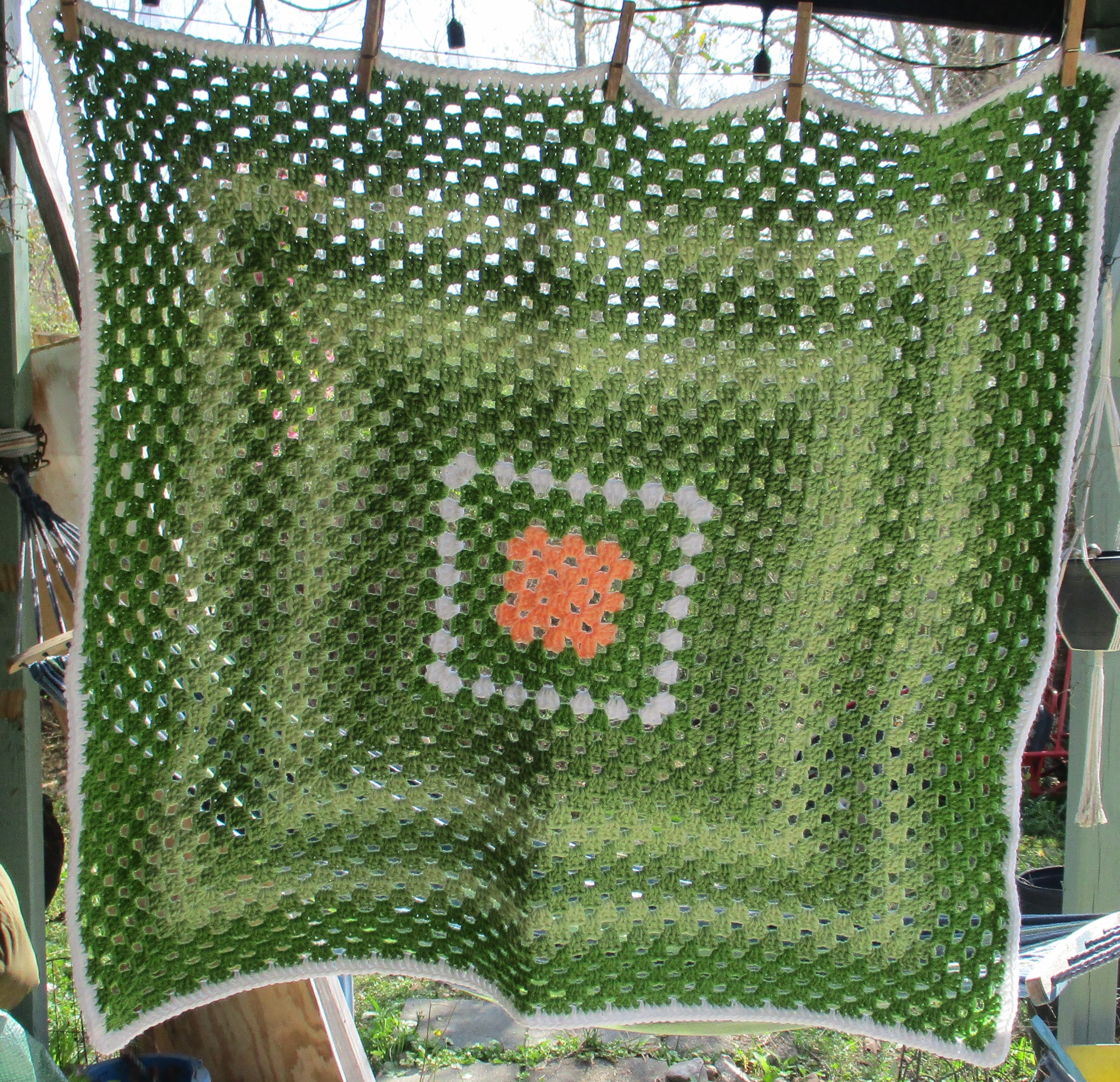 Hand Crocheted One-of-a-kind Blanket Afghan Baby Adult Set Green Peach White Pair