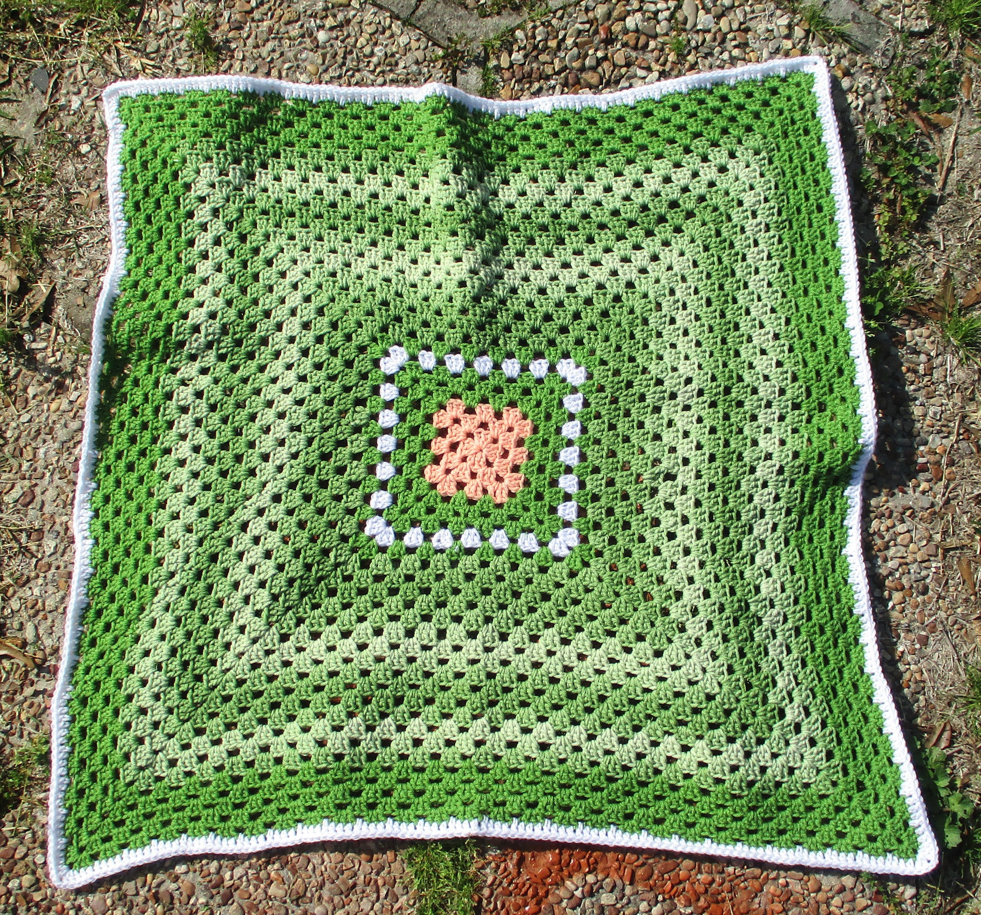 Hand Crocheted One-of-a-kind Blanket Afghan Baby Adult Set Green Peach White Pair