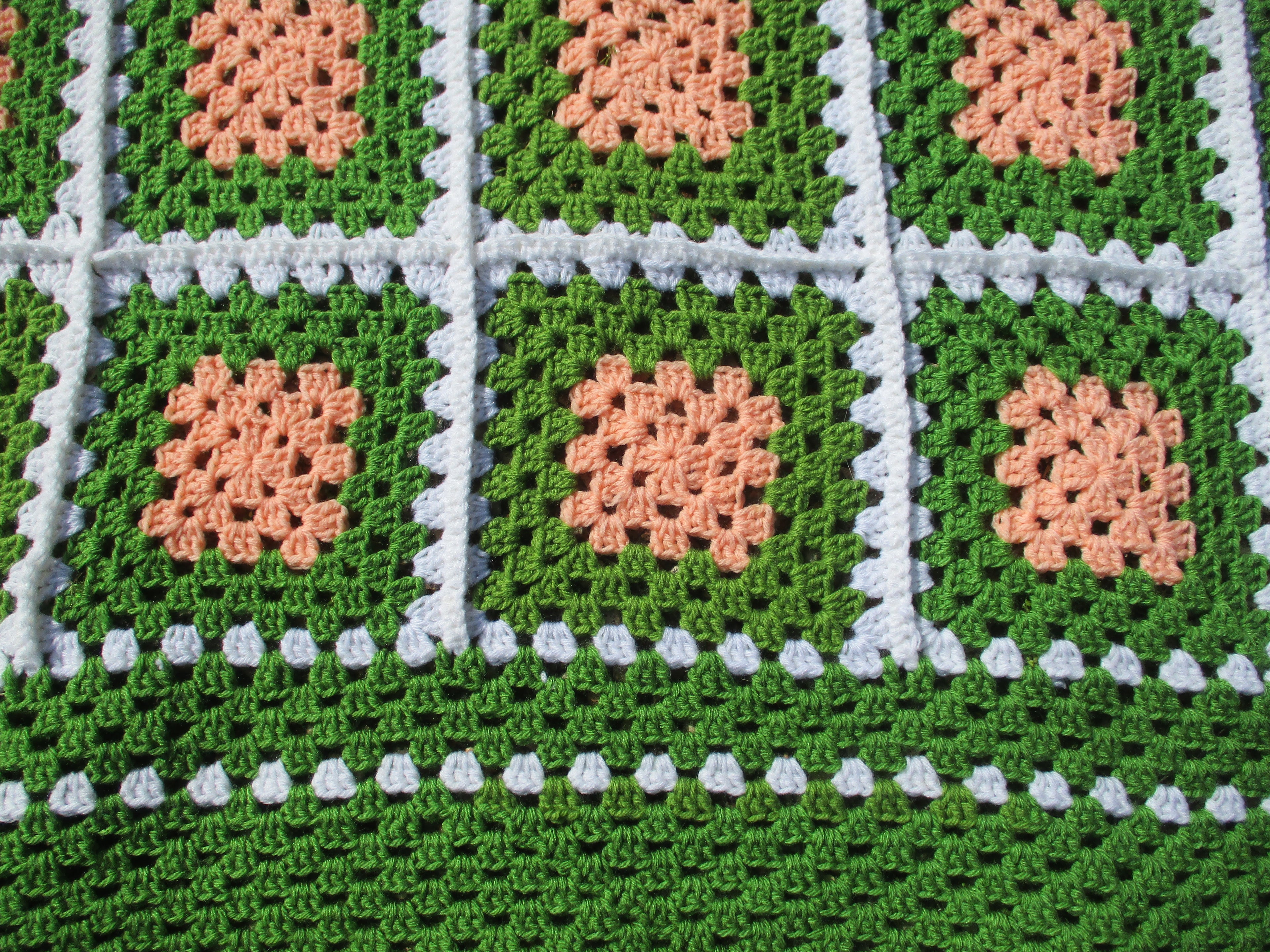 Hand Crocheted One-of-a-kind Blanket Afghan Baby Adult Set Green Peach White Pair