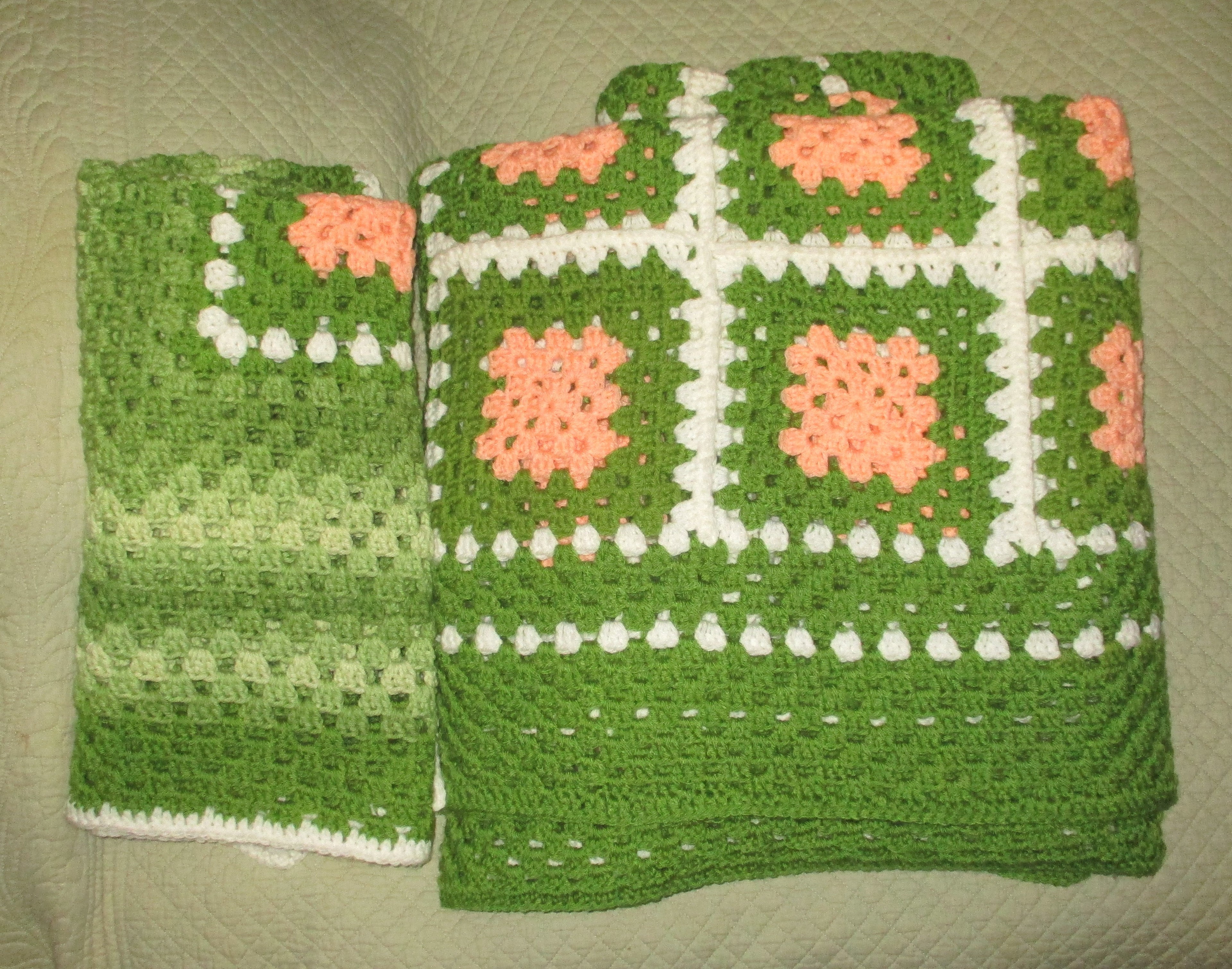 Hand Crocheted One-of-a-kind Blanket Afghan Baby Adult Set Green Peach White Pair