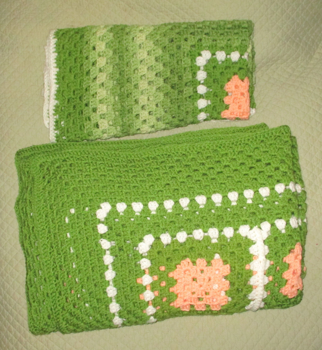 Hand Crocheted One-of-a-kind Blanket Afghan Baby Adult Set Green Peach White Pair