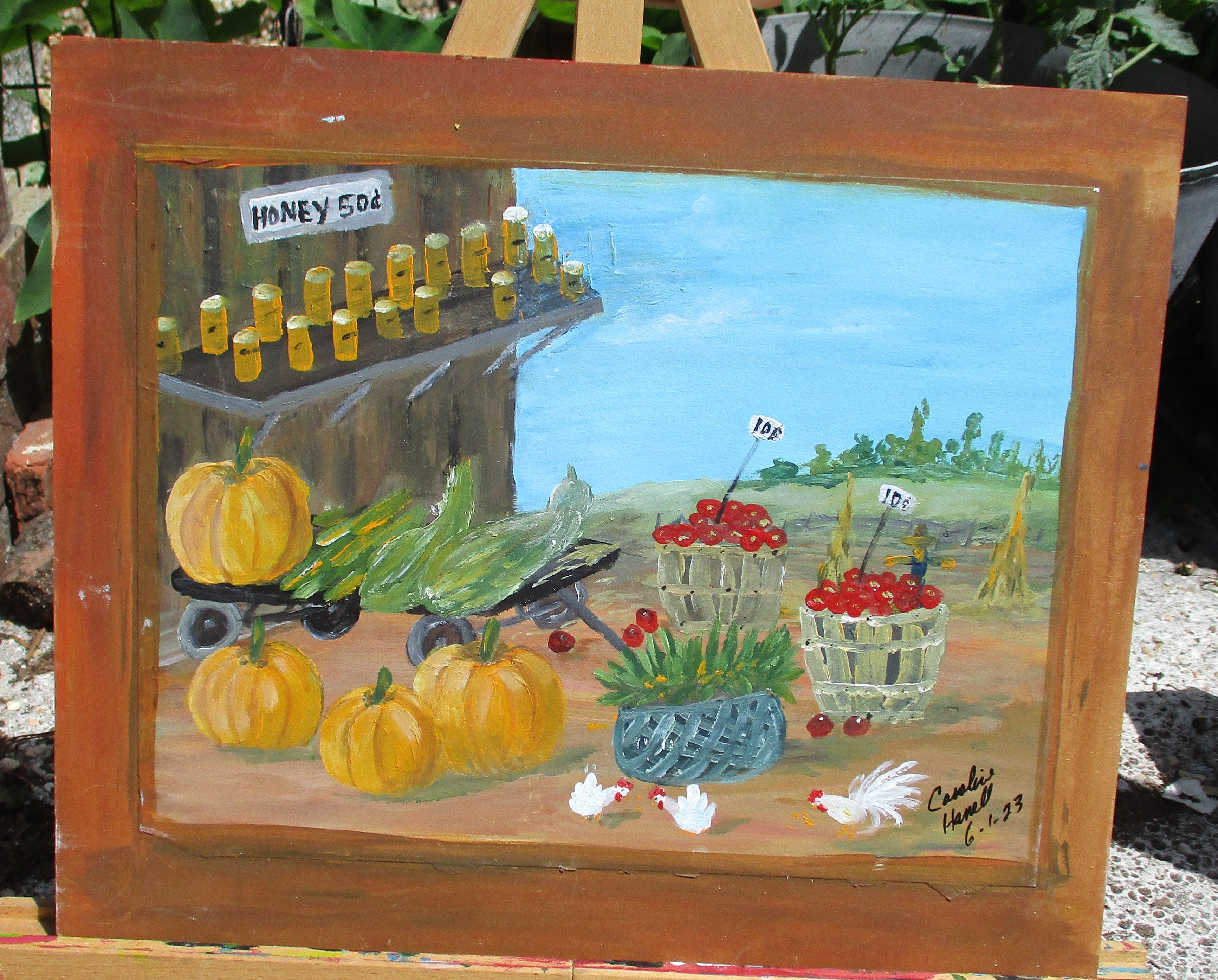 Art Painting on paper attached to wood panel Farmer's Market Unframed