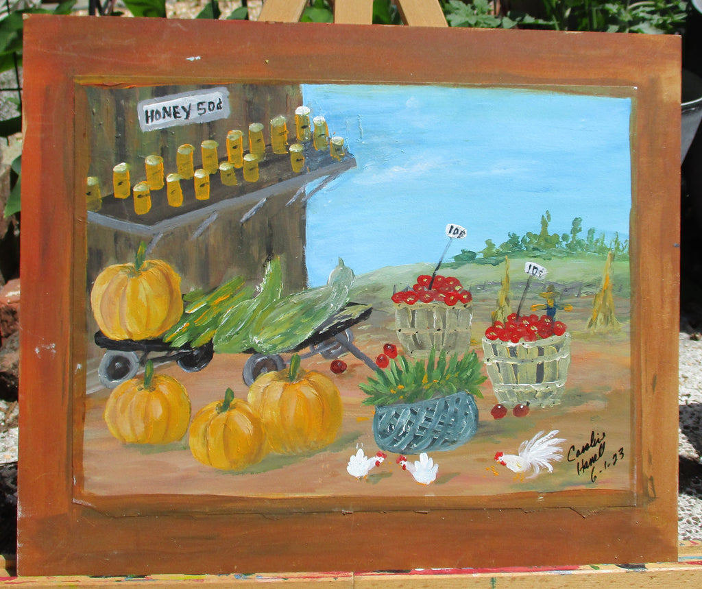 Art Painting on paper attached to wood panel Farmer's Market Unframed