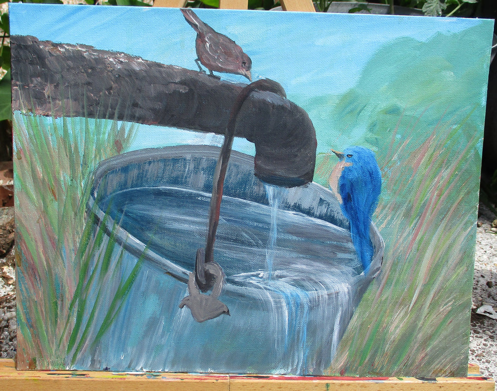Painted Canvas Art Water Faucet Bucket Bird Bath 14"W x 12"T