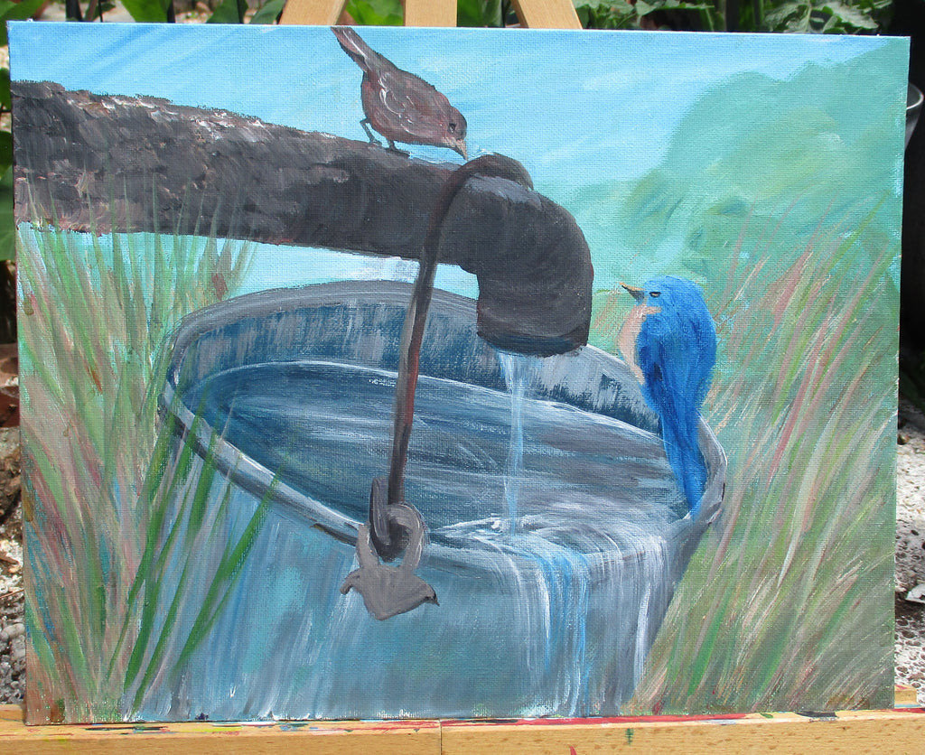 Painted Canvas Art Water Faucet Bucket Bird Bath 14"W x 12"T