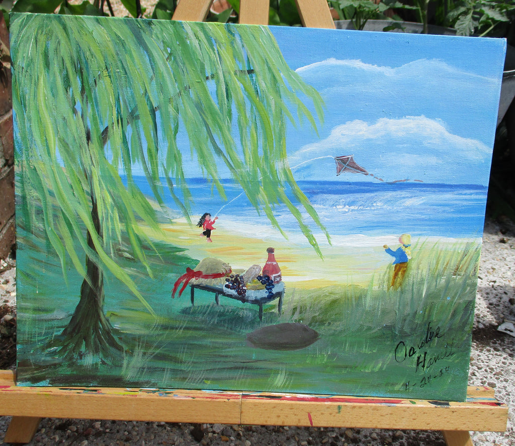 Painted Canvas Art 11 x 14 painting Flying Kites on Beach