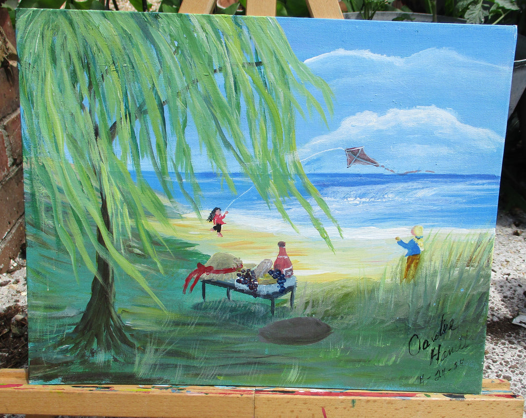 Painted Canvas Art 11 x 14 painting Flying Kites on Beach