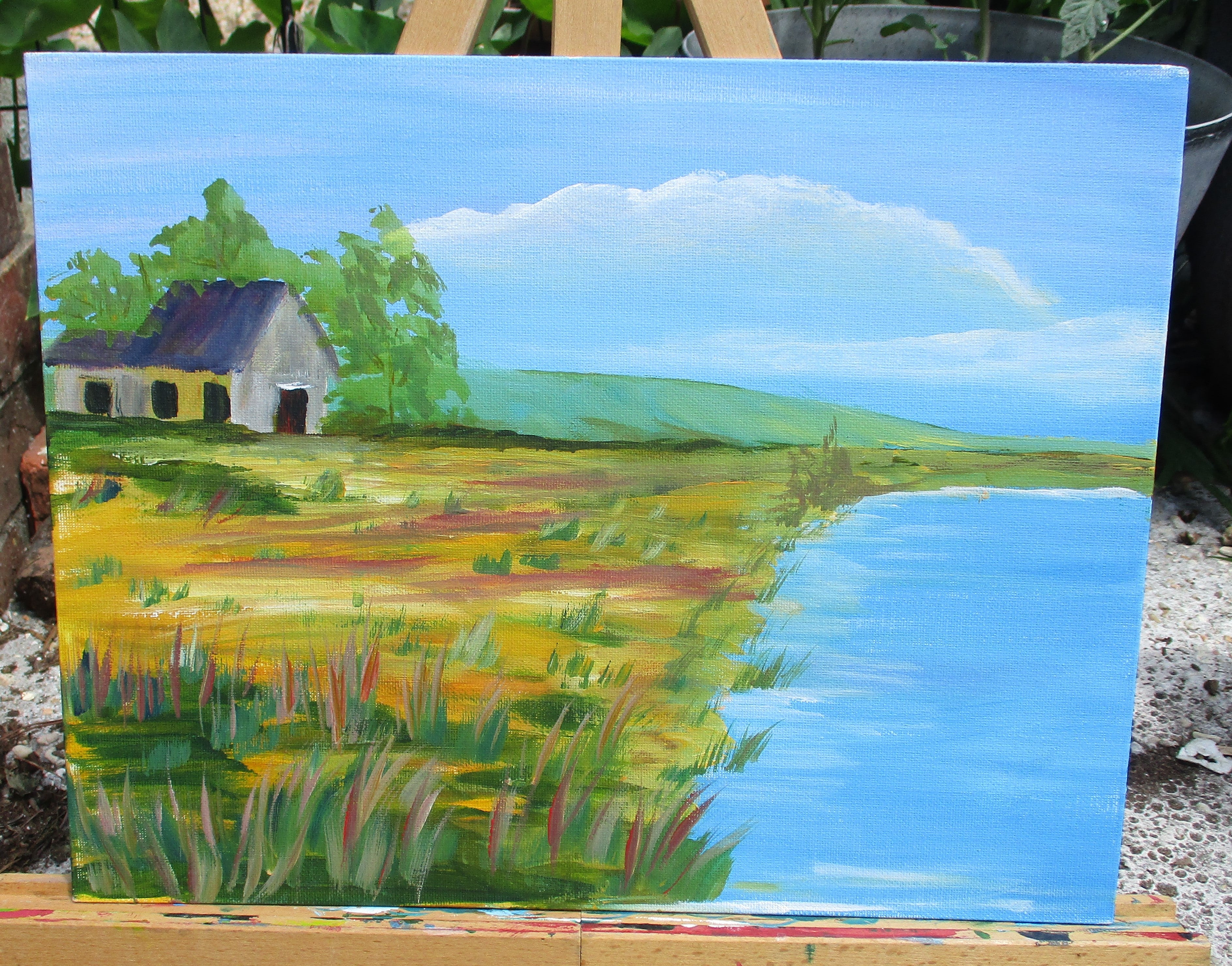 Art Painting Canvas Panel Unframed Prairie House by Lake