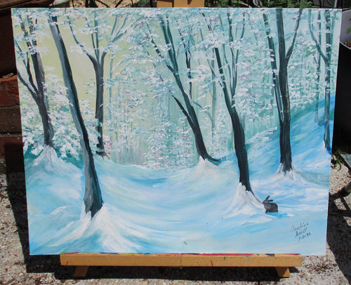 Art Painting Original Rabbit Trail in Snow Painting 20"W x 16"T