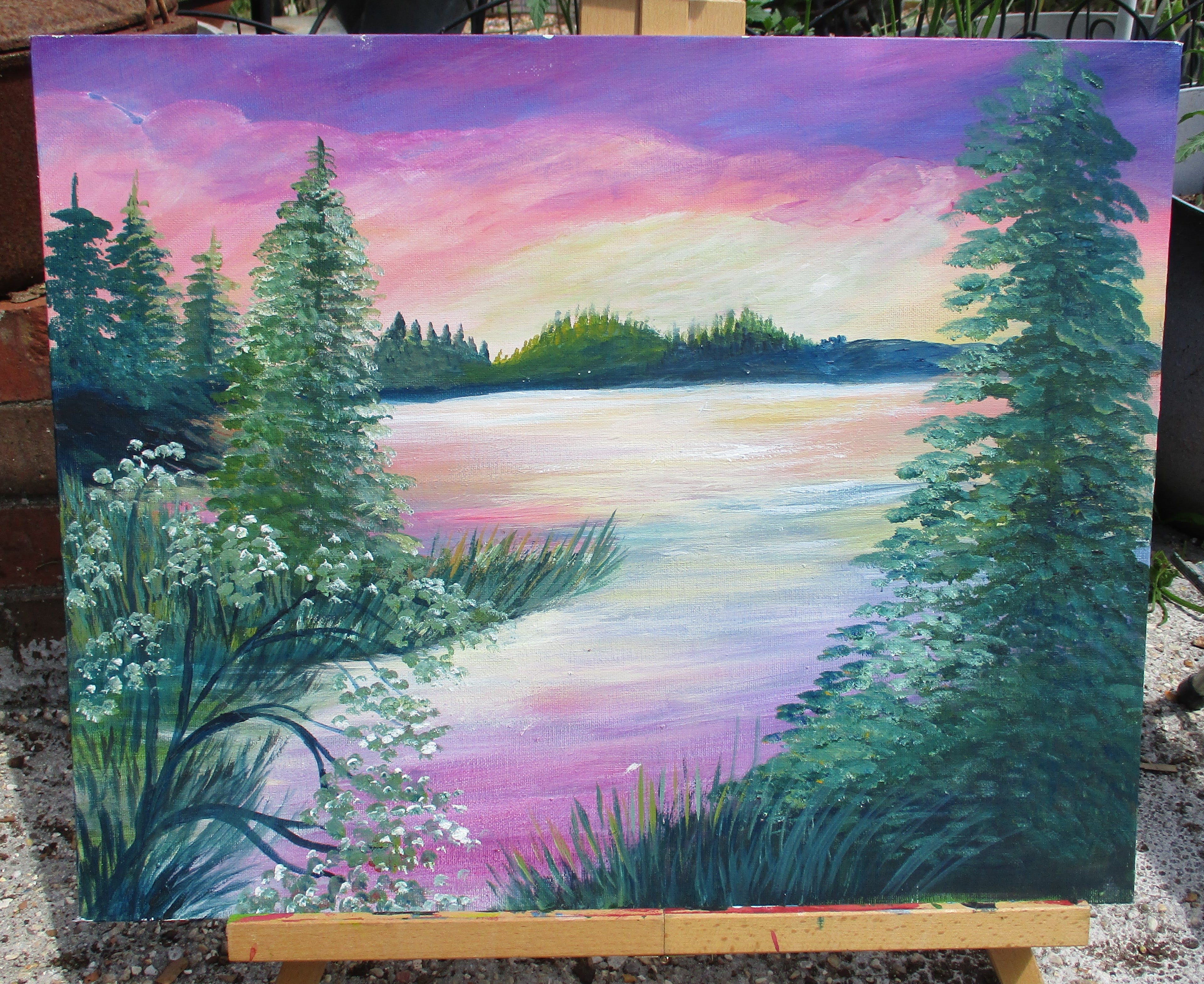 Art Painting Original Lake Scene Painting 16"T x 20"W Canvas