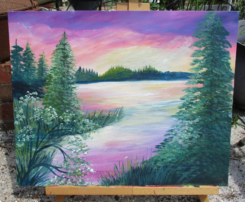 Art Painting Original Lake Scene Painting 16"T x 20"W Canvas