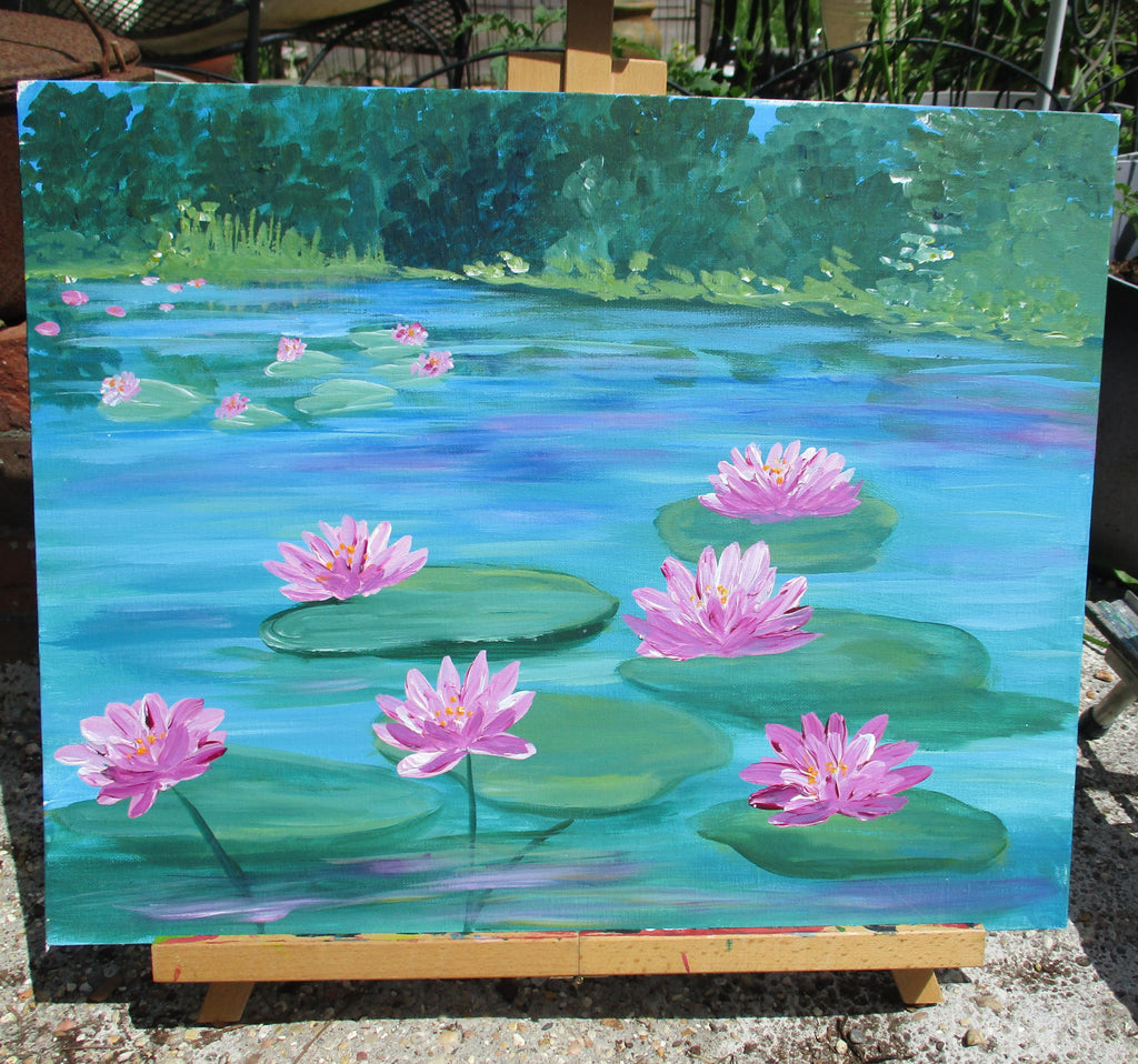 Art Painting Original Water Lilies Scene Painting 20"W x 16"T Canvas