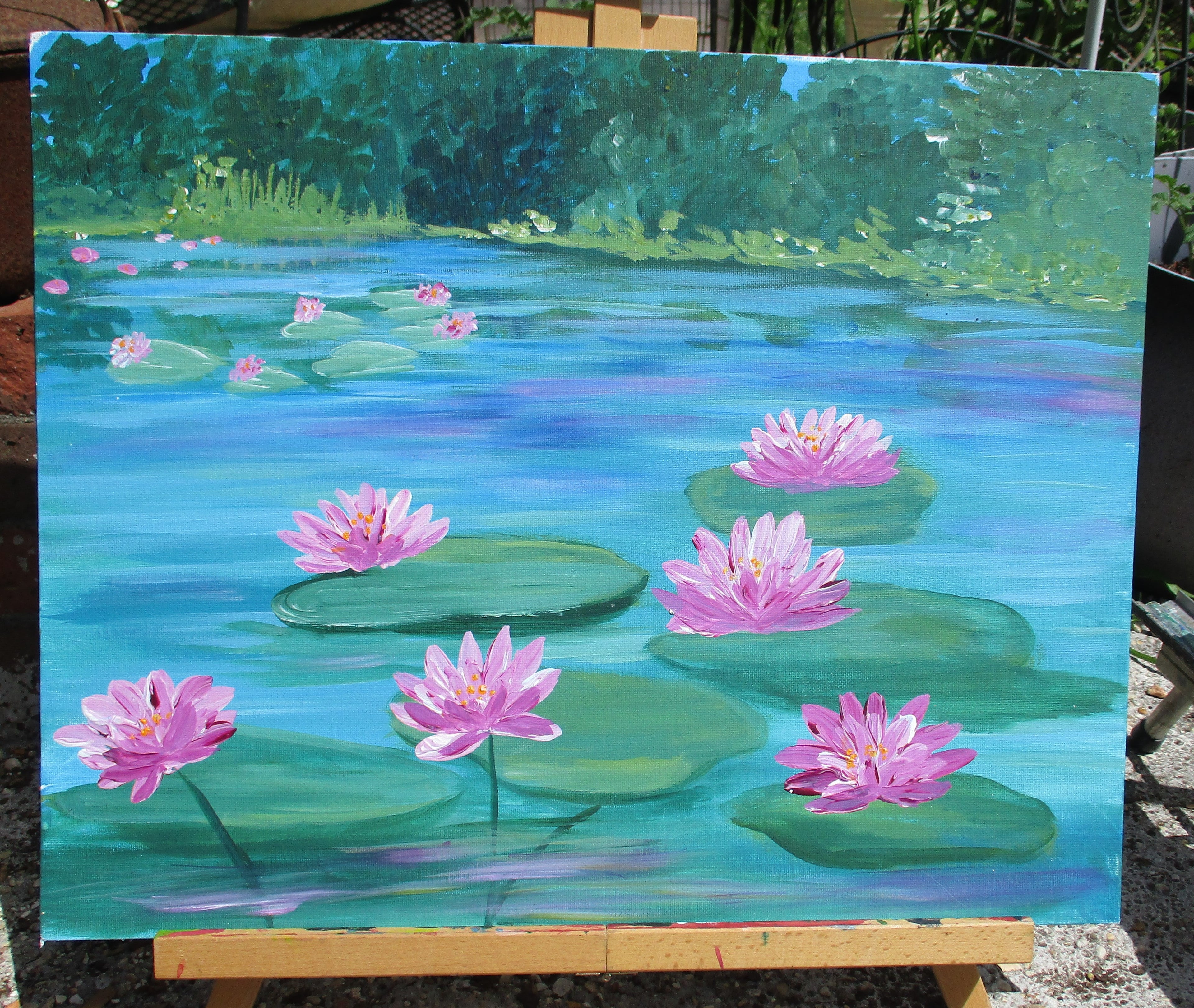 Art Painting Original Water Lilies Scene Painting 20"W x 16"T Canvas