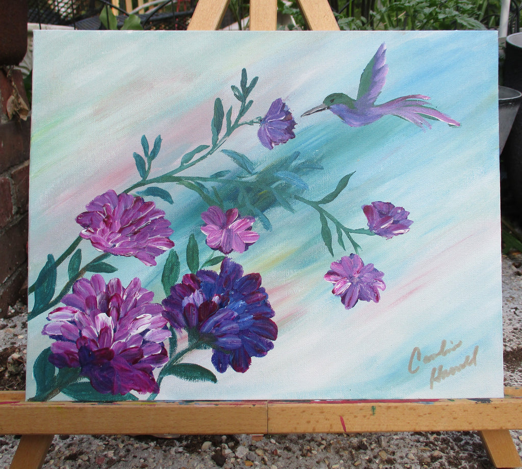 Painted Canvas Art Purple Hummingbird Painting 14"W x 11"T