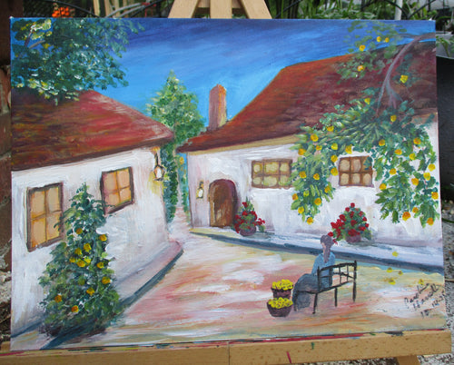 Art Painting Canvas Panel Unframed Cottage Courtyard