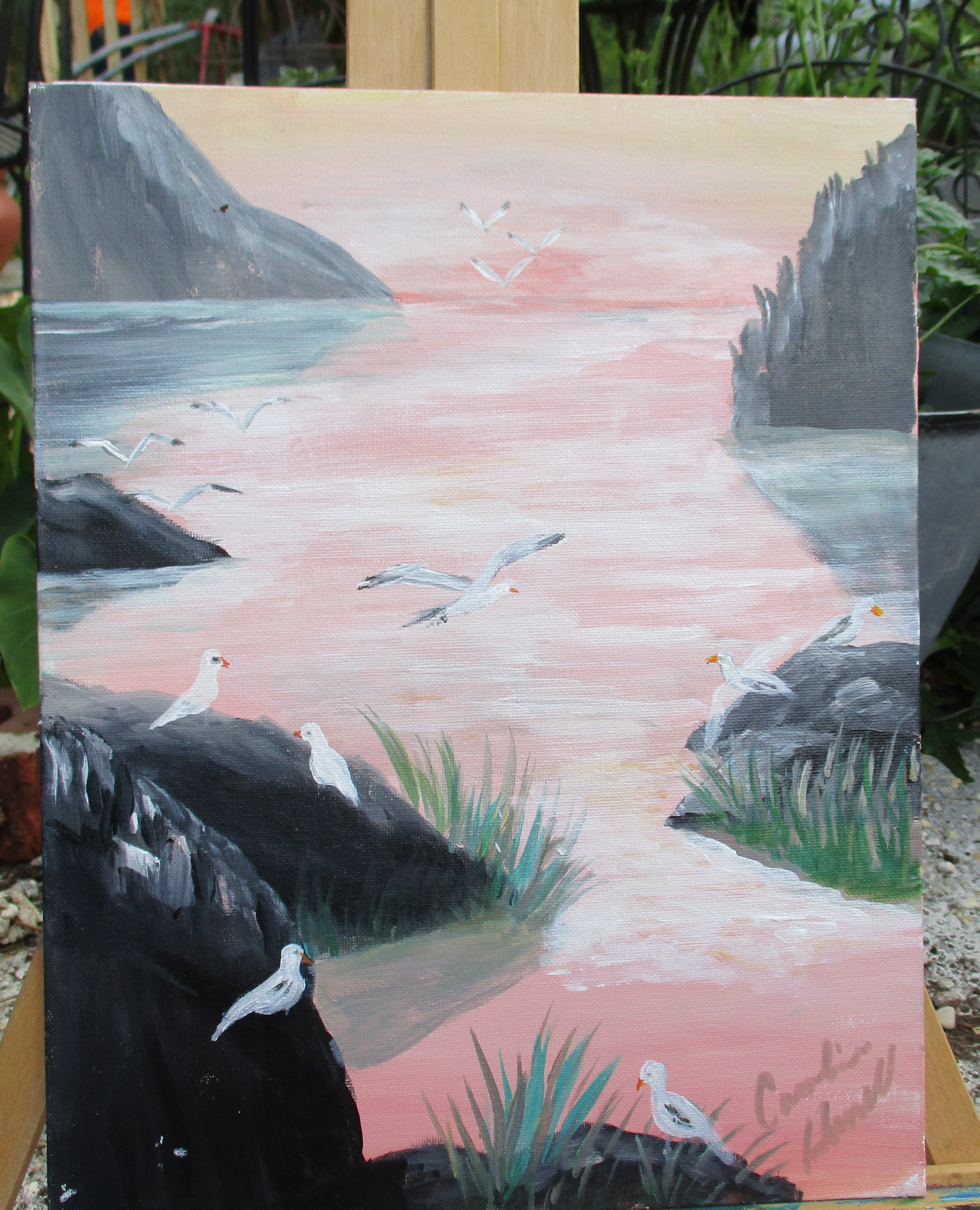 Painted Canvas Art 2 piece seagulls shore ocean 11x14 each unframed