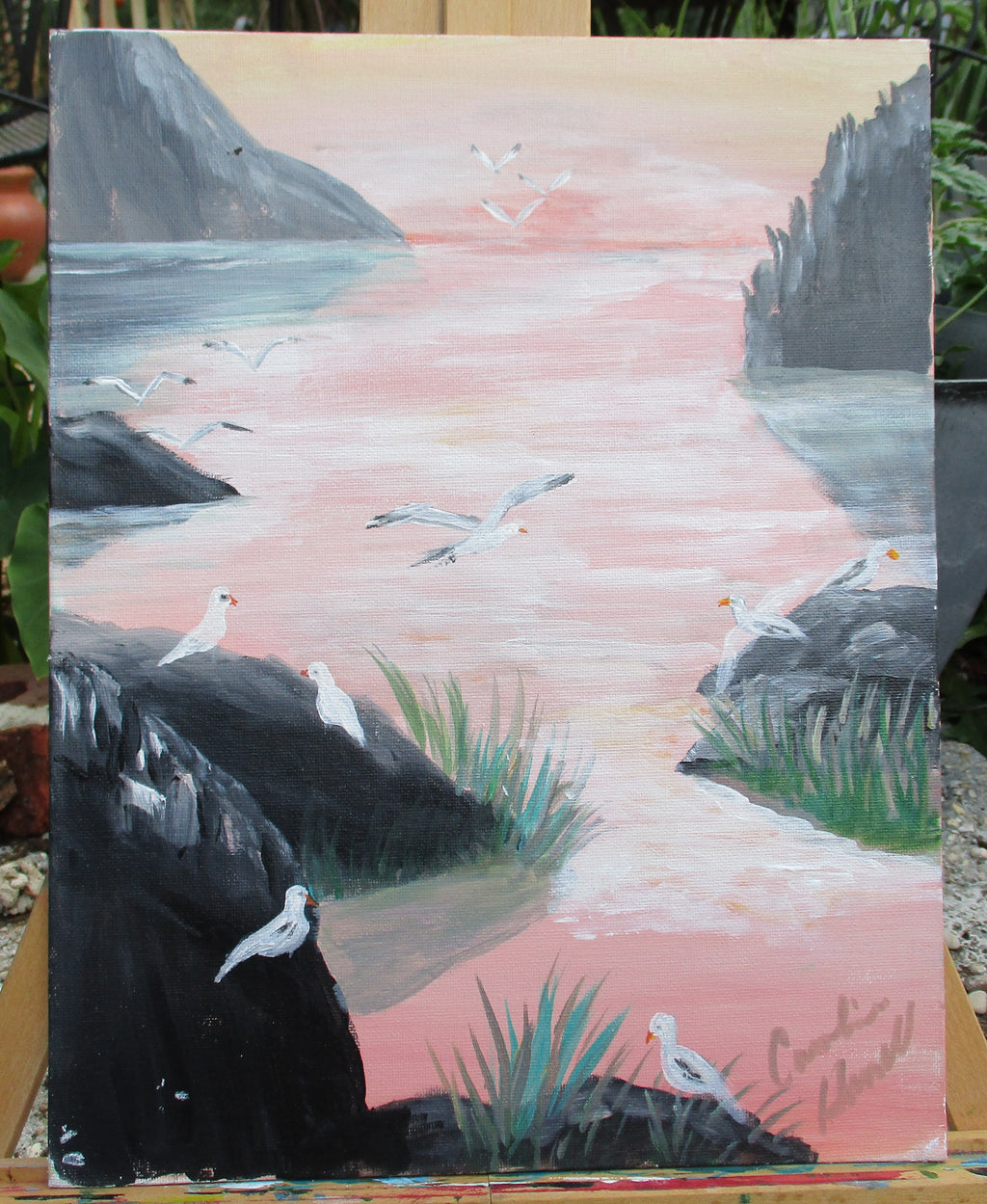 Painted Canvas Art 2 piece seagulls shore ocean 11x14 each unframed