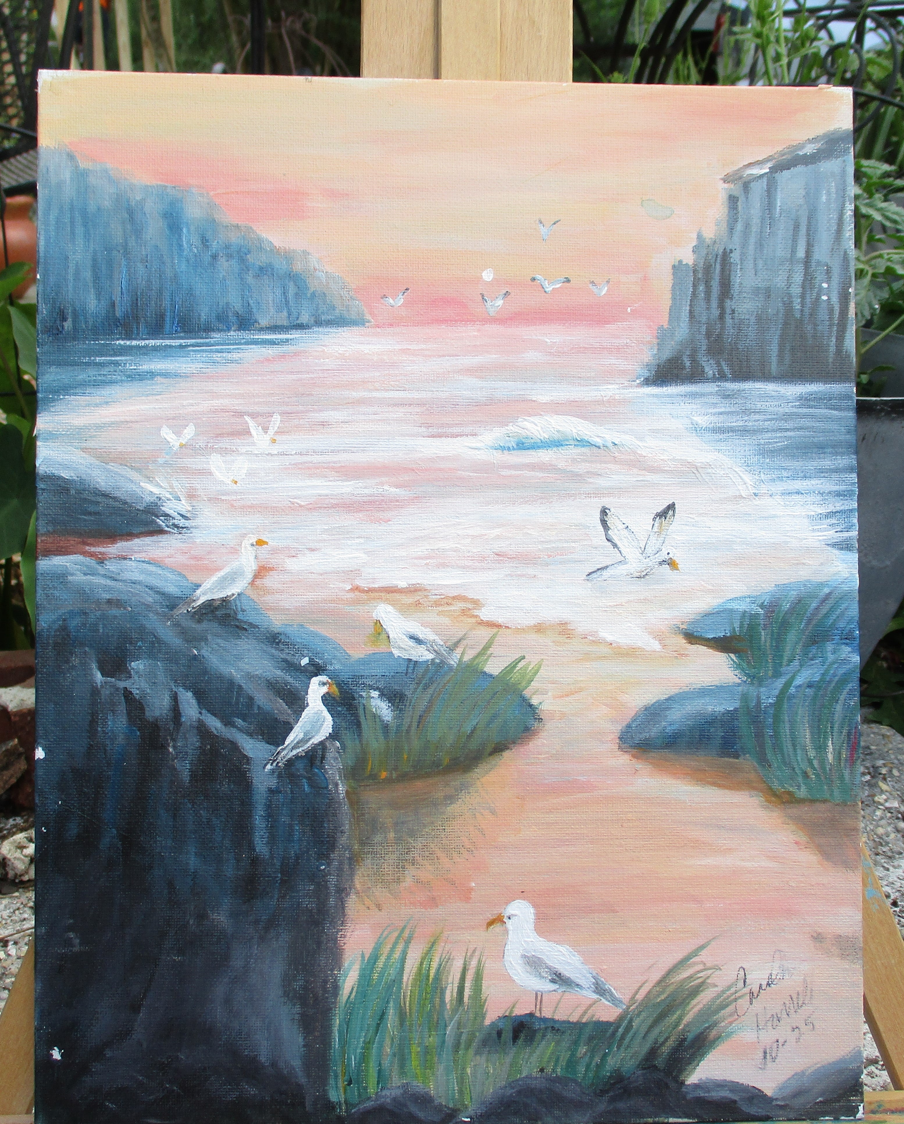 Painted Canvas Art 2 piece seagulls shore ocean 11x14 each unframed
