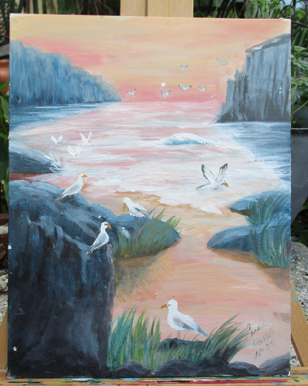 Painted Canvas Art 2 piece seagulls shore ocean 11x14 each unframed