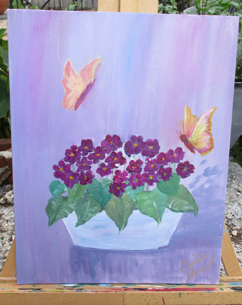 Painted Canvas Art Violets and butterflies painting 11x14