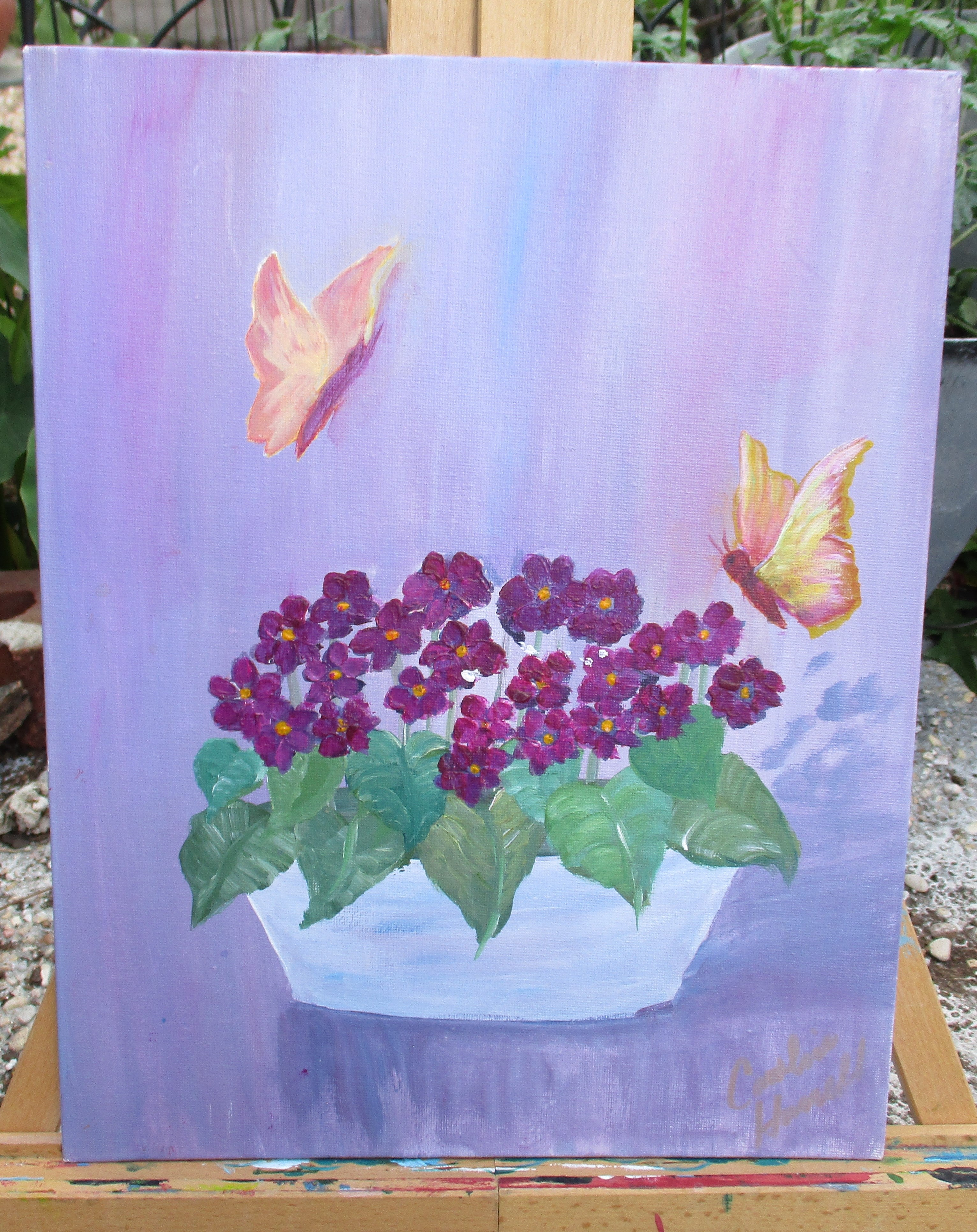 Painted Canvas Art Violets and butterflies painting 11x14