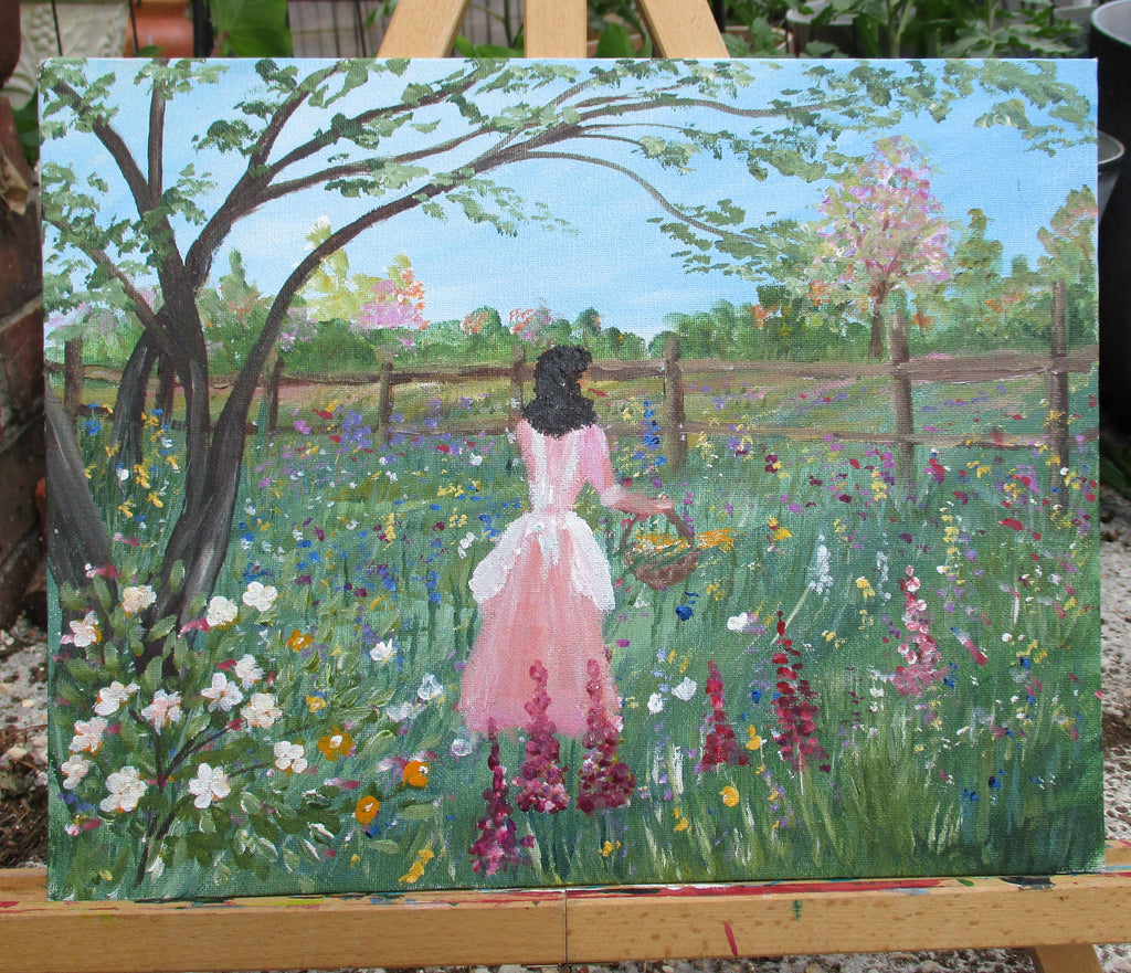 Painted Canvas Art 2 piece Women Flowers Landscape 11x14 unframed