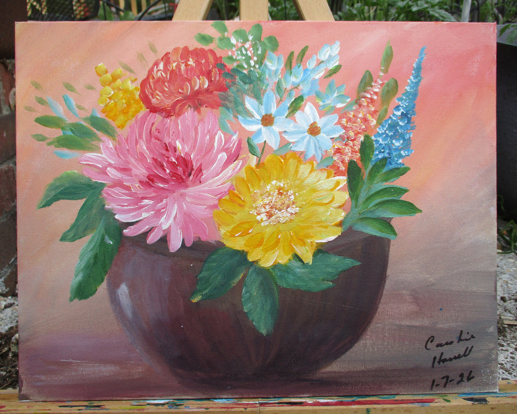 Painted Canvas Art Bowl of Spring Flowers 11 x 14 painting