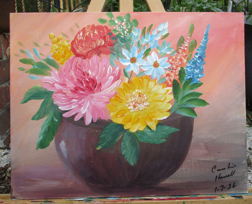 Painted Canvas Art Bowl of Spring Flowers 11 x 14 painting