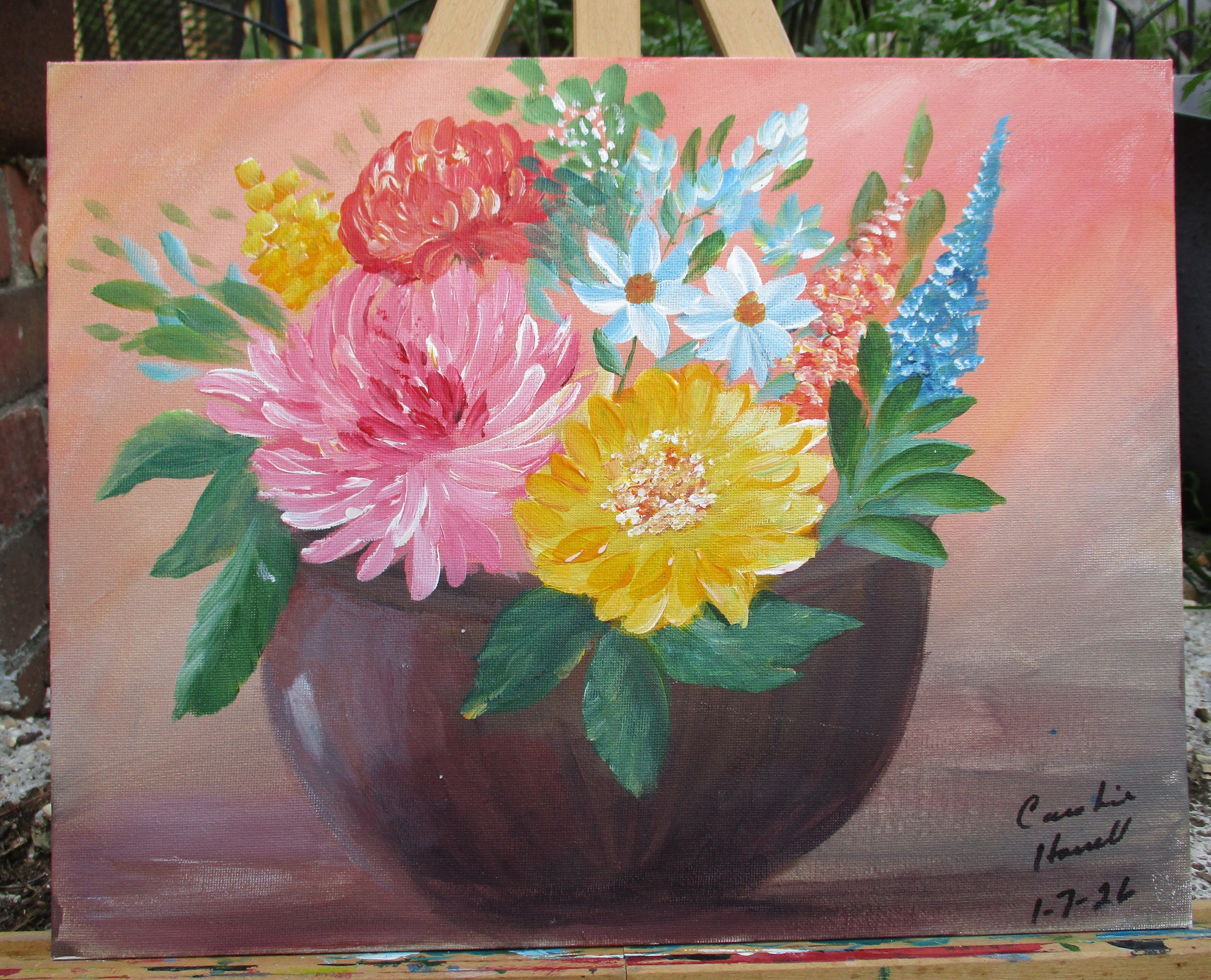 Painted Canvas Art Bowl of Spring Flowers 11 x 14 painting