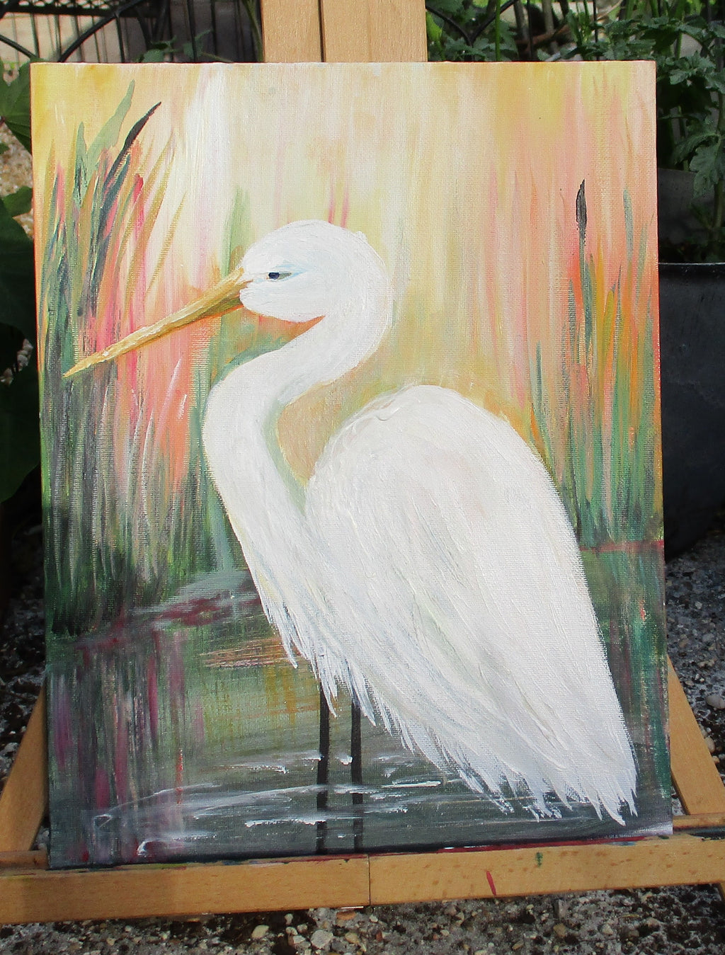 Painted Canvas Art Egret Painting 14x11