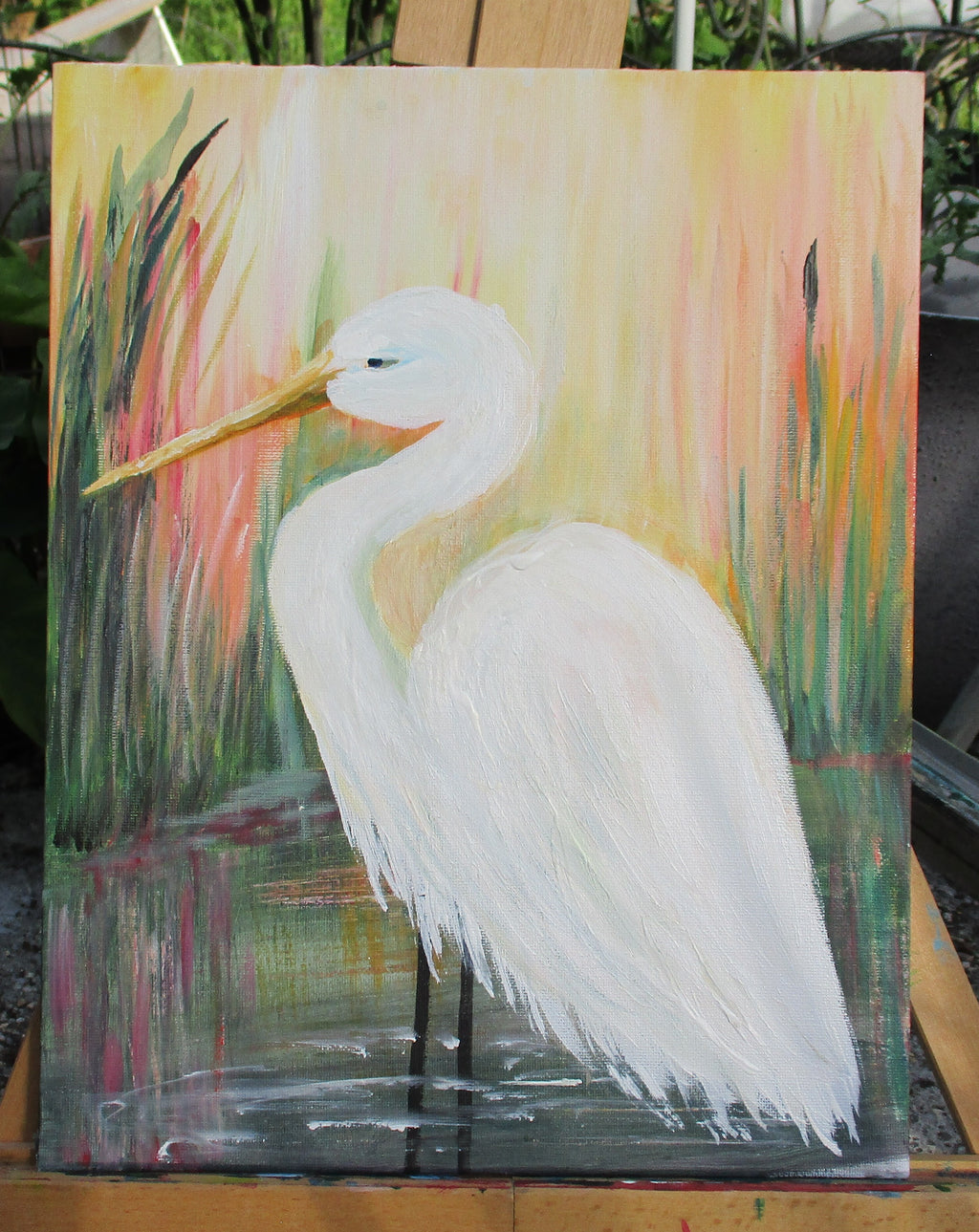 Painted Canvas Art Egret Painting 14x11