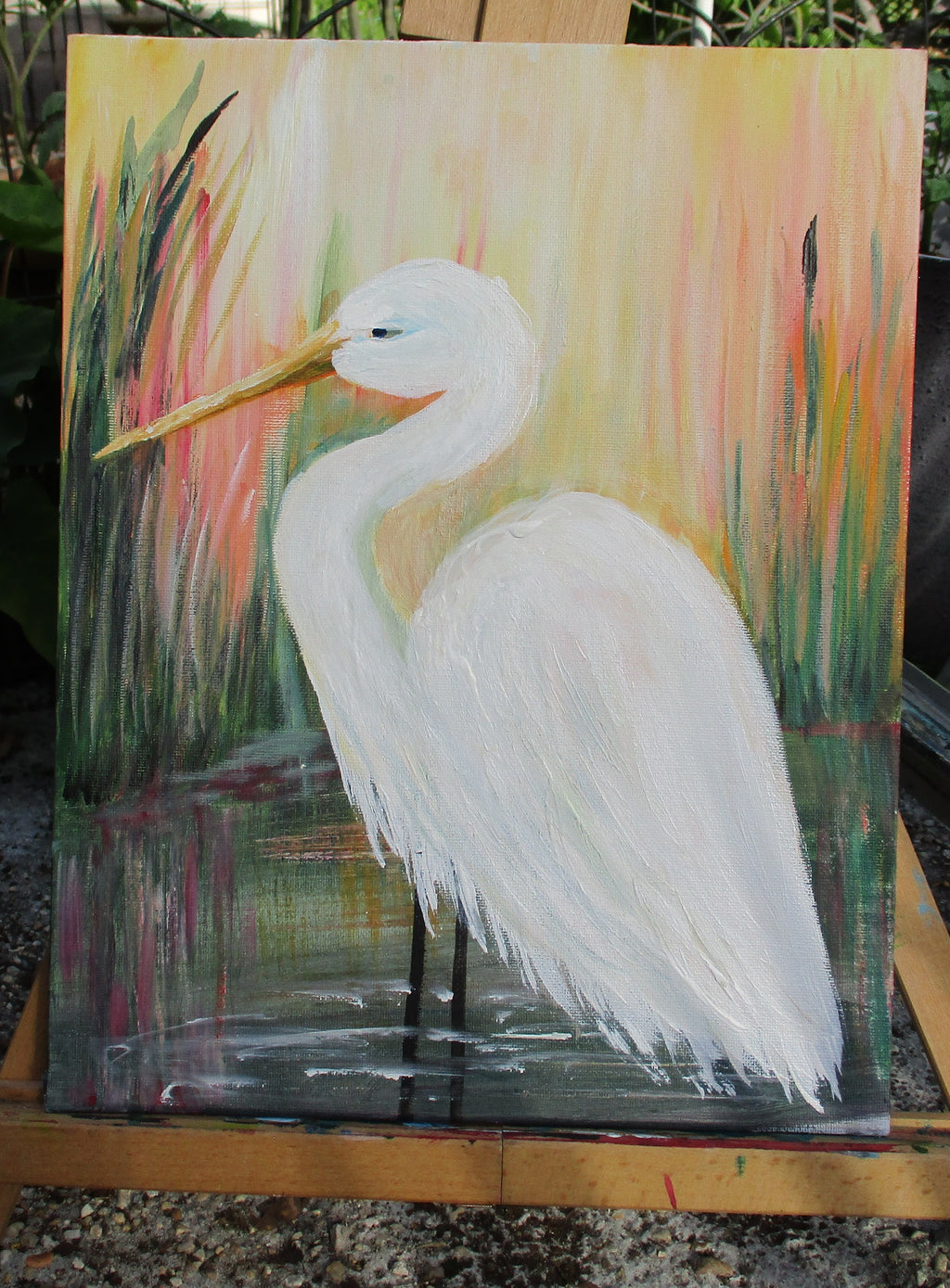 Painted Canvas Art Egret Painting 14x11
