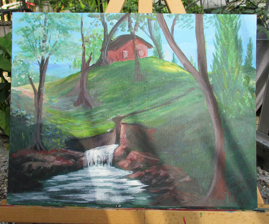 Painted Canvas Art Cabin on hillside waterfall 14x11