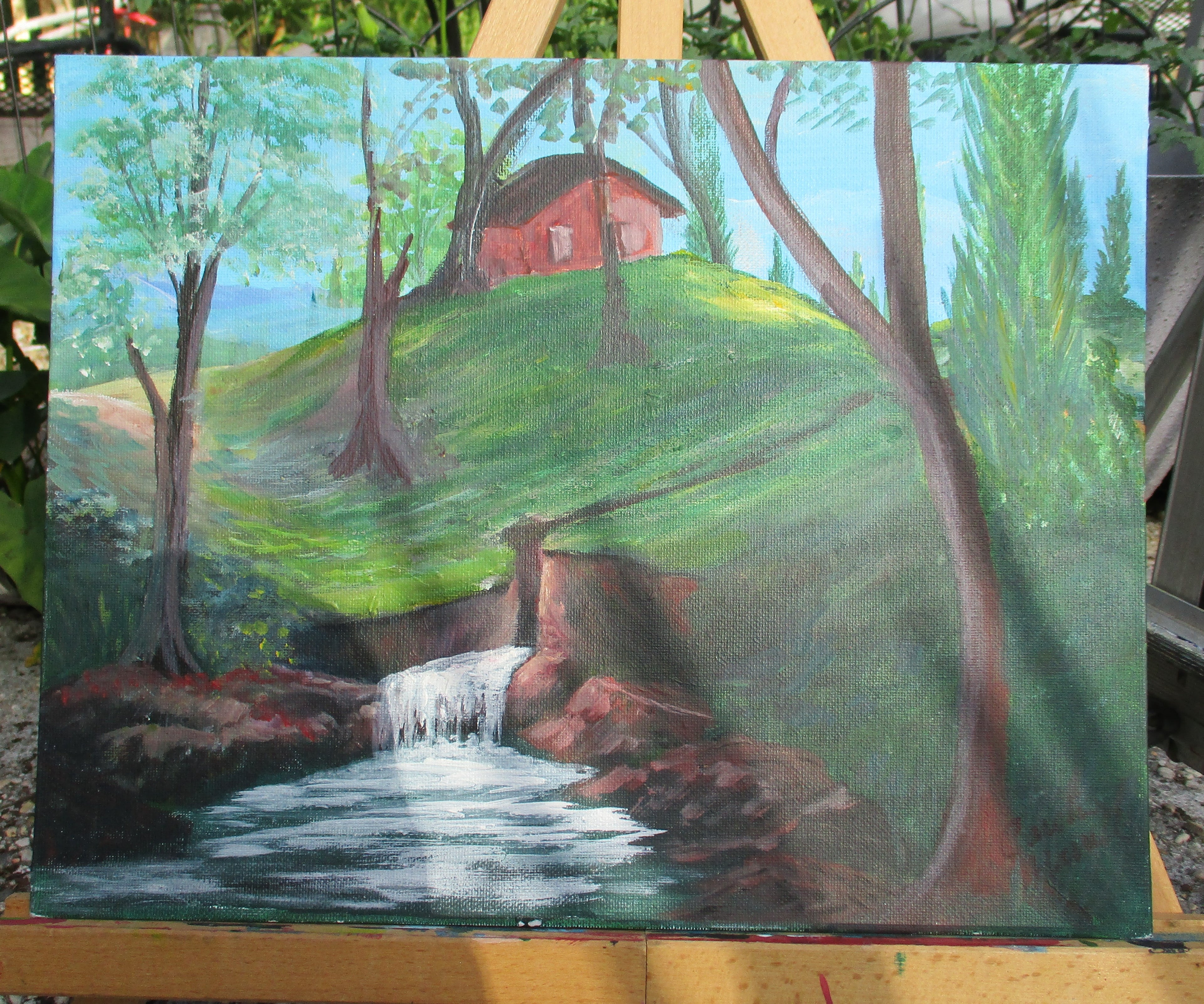 Painted Canvas Art Cabin on hillside waterfall 14x11