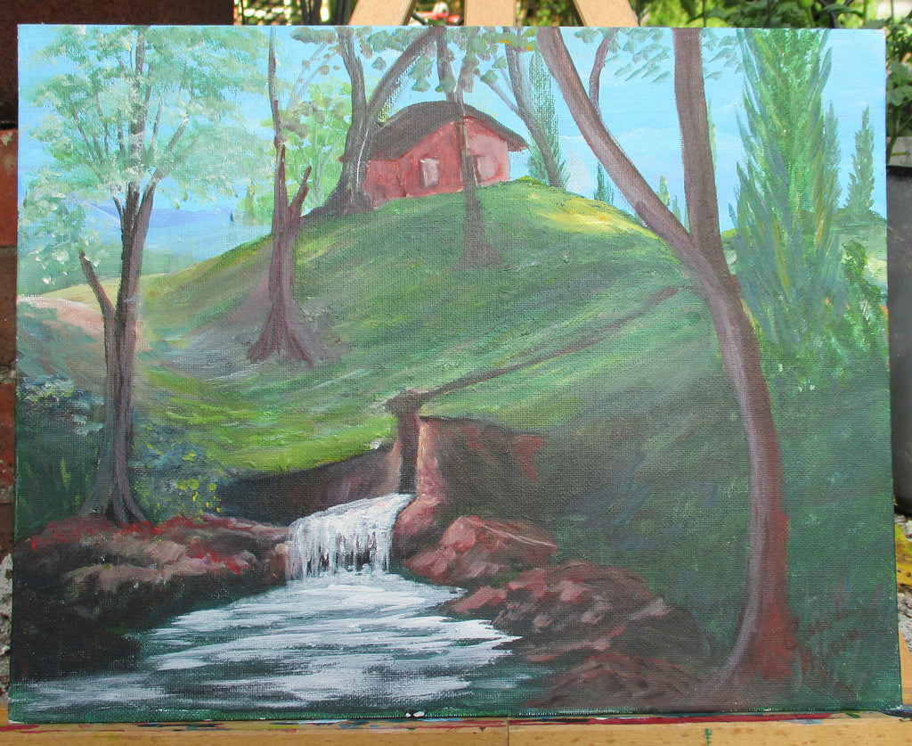 Painted Canvas Art Cabin on hillside waterfall 14x11