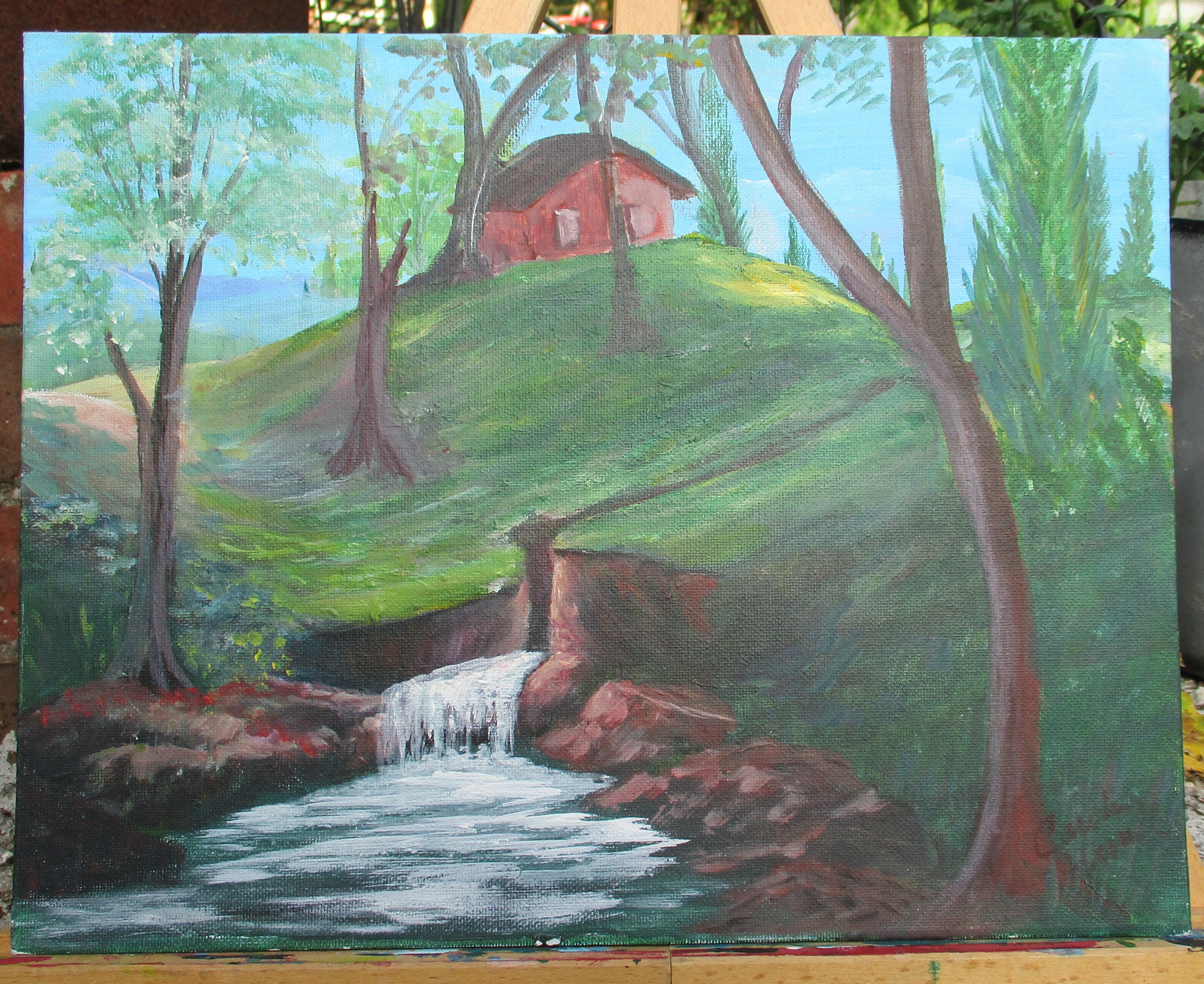 Painted Canvas Art Cabin on hillside waterfall 14x11